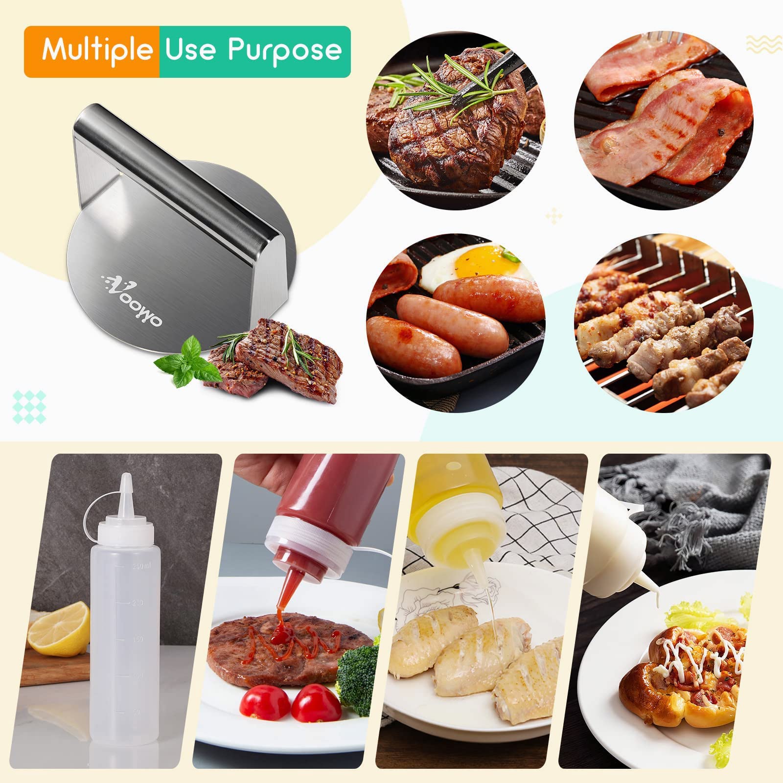 VOOWO Stainless Steel Smash Burger Press - Heavy Duty Hamburger Patty Maker with Squeeze Bottles, Perfect for Griddle, BBQ & Indoor Cooking - Ideal Grill Press Tool for Burgers, Sandwiches & Meat Preparation