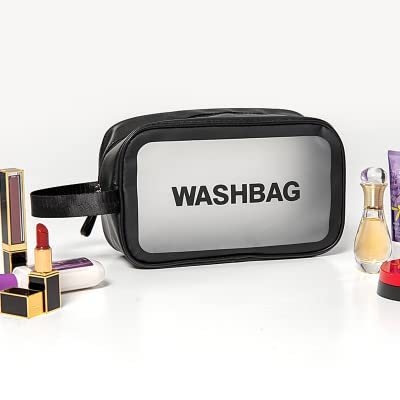 **Waterproof PVC Travel Toiletries Bag - Clear Cosmetic Makeup Organizer Pouch for Women | Portable Wash Bag for Shampoo, Lotion & Essentials | Perfect for Air Travel, Gym & Camping (Black)**