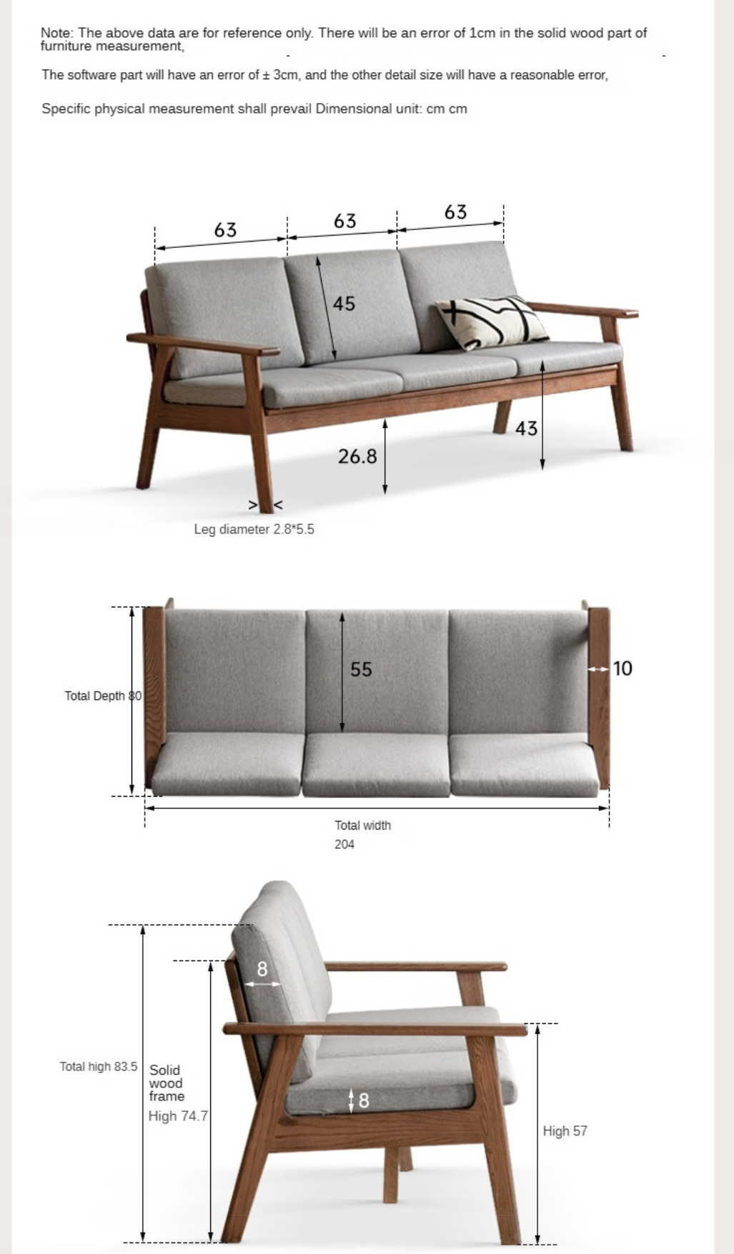 Solid Oak Wood Straight Sofa - 4 Fabric Color Options for Living Room, Office & Lounge Areas