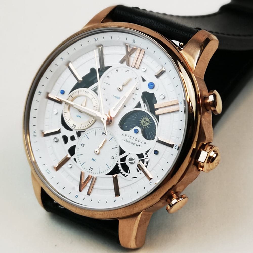 ARIES GOLD BELFAST Moon G 7013 RG Leather Men's Watch - Luxury Stainless Steel Chronograph for Business & Formal Occasions