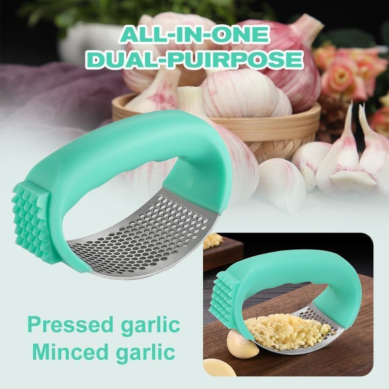 Stainless Steel Garlic Press Set with Peeler & Brush - Kitchen Tool for Smashing Garlic