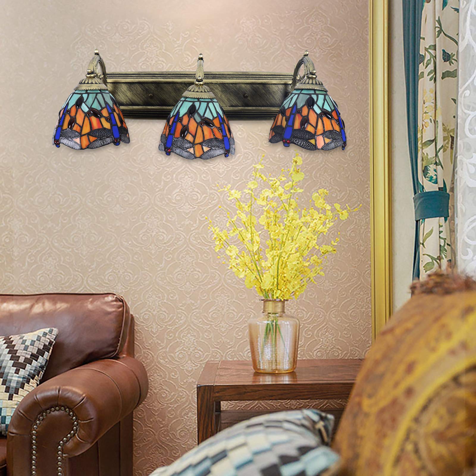 TFCFL 3-Light Bronze Wall Sconce with Handcrafted Stained Glass Dragonfly Shades - Elegant Vanity Lighting for Bathroom, Bedroom, and Hallway Décor