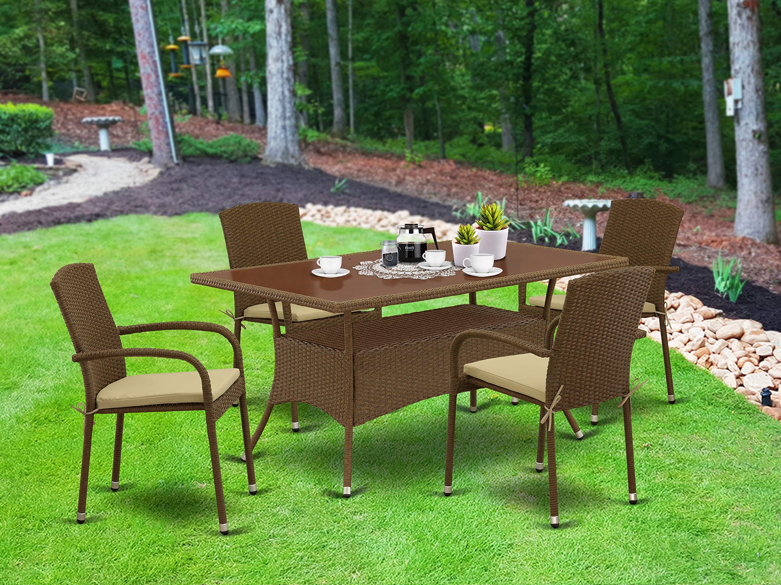 East West Furniture OSJU502A 5-Piece Outdoor Brown Wicker Dining Set - Patio Table & 4 Armchairs with Linen Cushions for Balcony, Backyard, Garden & Poolside Relaxation