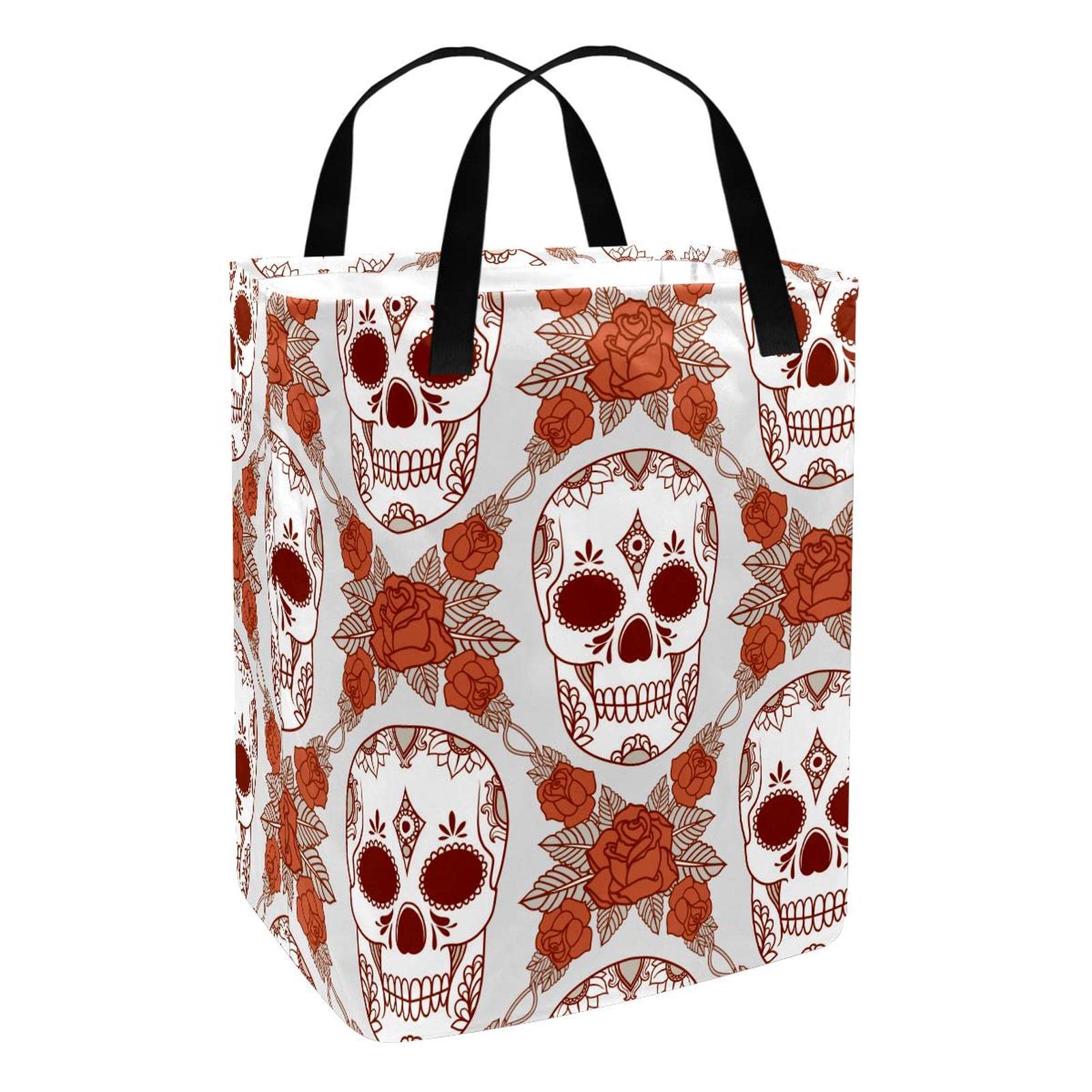 Foldable Laundry Basket with Handles - Boho Punk Gothic Skull & Rose Flower Print Storage Hamper for Adults, Kids & Teens - Perfect for Bedroom, Bathroom & Clothes Organization