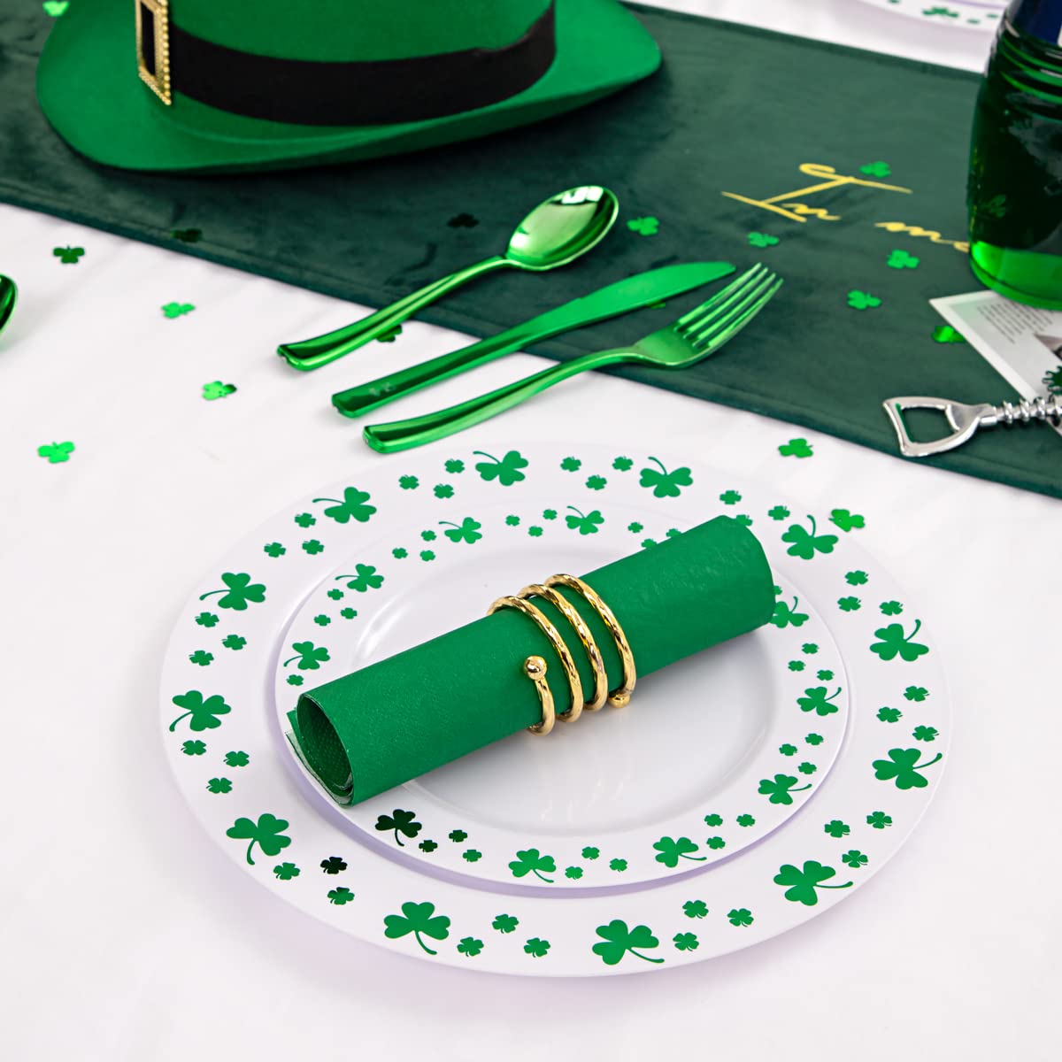 125pcs St. Patrick’s Day Plastic Plates with Shamrock Clover & Disposable Silverware Set - Premium White & Green Plastic Dinnerware for Wedding, Party, Holiday Celebration - Perfect for St. Patrick’s Day Festivities, Irish Themed Events & Family Gatherings