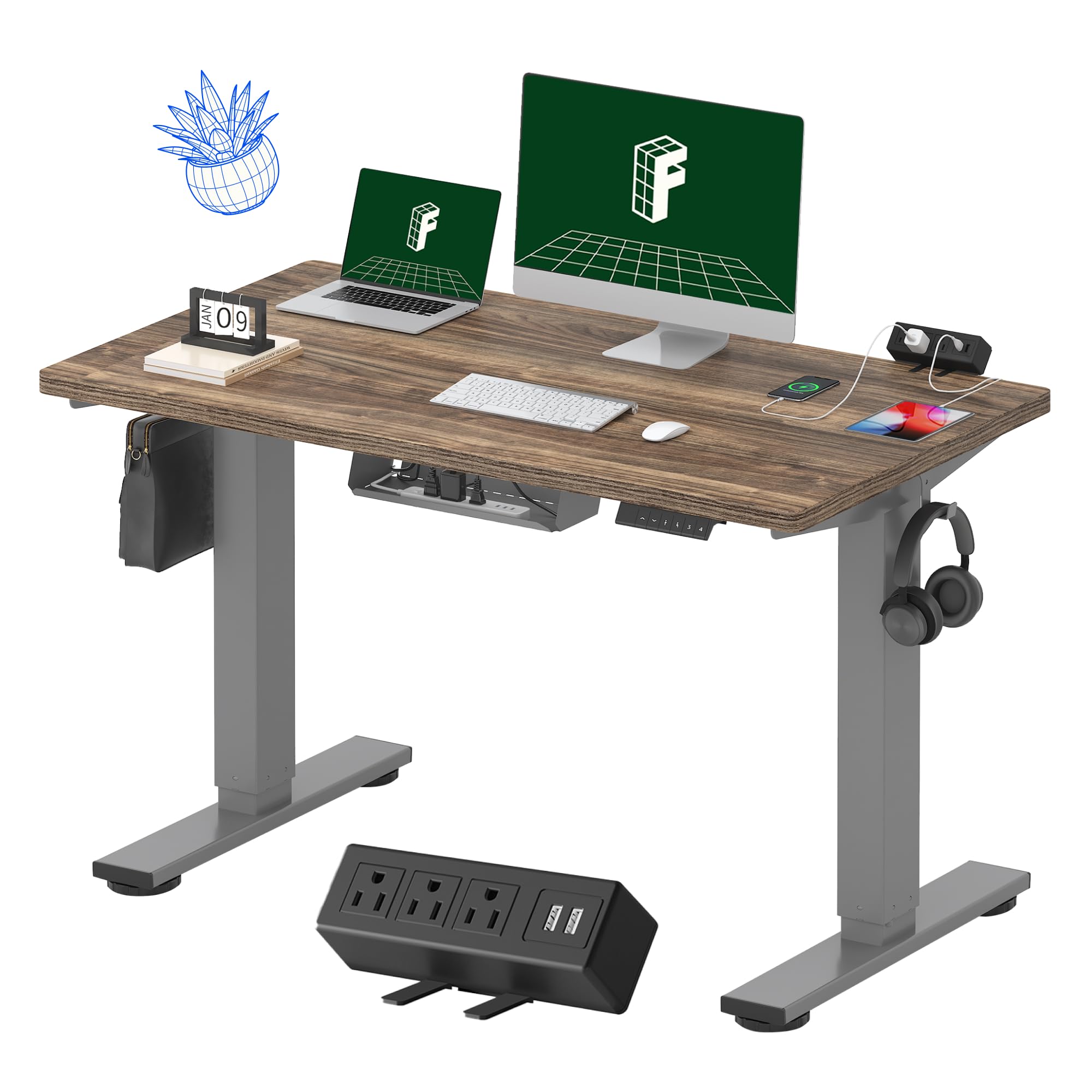 FLEXISPOT EN2 Electric Standing Desk 48 x 24 Inches - Height Adjustable Workstation with Cable Management & Clamp Power Strip (Gray Frame, Brown Wood Grain Desktop) - Perfect for Home Office, Gaming Setup & Workspace Ergonomics