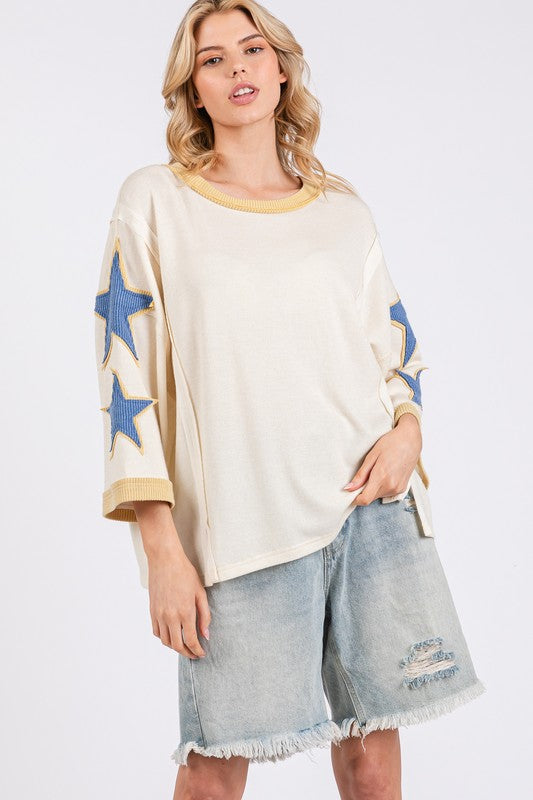 Flowy Star Patch Side Slit Round Neck Boho Beach Top for Women - Perfect for Summer Vacations, Music Festivals & Casual Outings