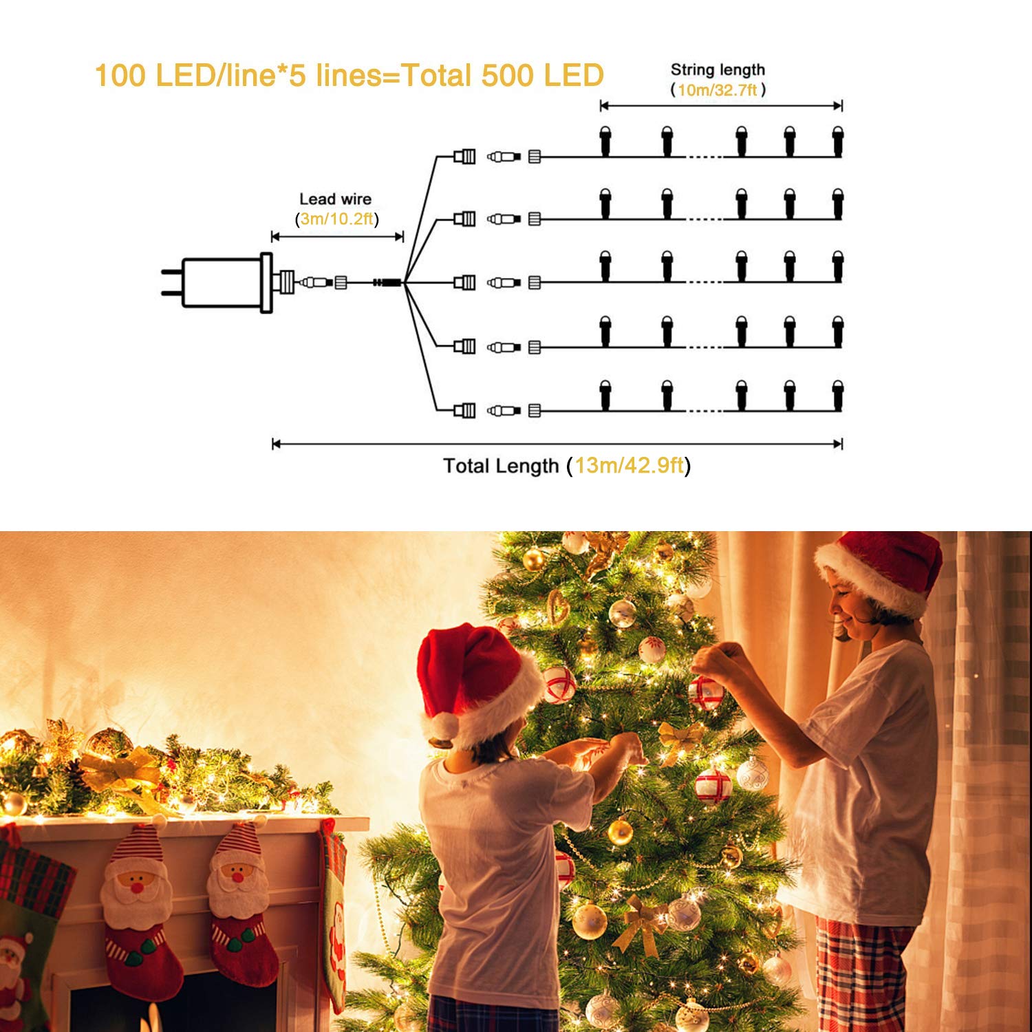 JMEXSUSS 500 LED Warm White Christmas Lights - Indoor/Outdoor Waterproof Fairy String Lights with 8 Lighting Modes, Green Wire Plug-in Lights for Christmas Tree, Wedding, Party, Garden, Patio & Home Holiday Decorations