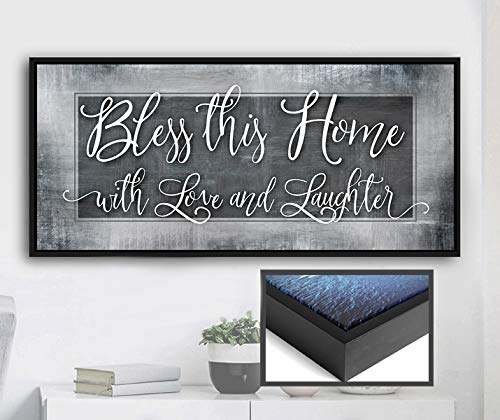 Bless This Home With Love Religious Wall Decor - Rustic Home Decoration for Living Room - Housewarming Gift with Grey 42x19 Black Floating Frame - Perfect for Farmhouse, Bedroom & Entryway Decor