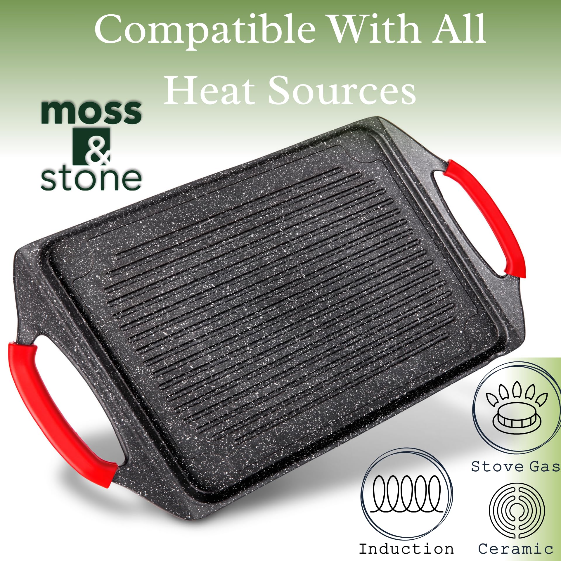 18x10.5 Inch Non-Stick Aluminum Griddle Pan for Stove Top - Rectangle BBQ Grill Pan for Indoor Cooking, Perfect for Fish, Vegetables & Steak - Induction Compatible Flat Top Griddle for Kitchen & Outdoor Use