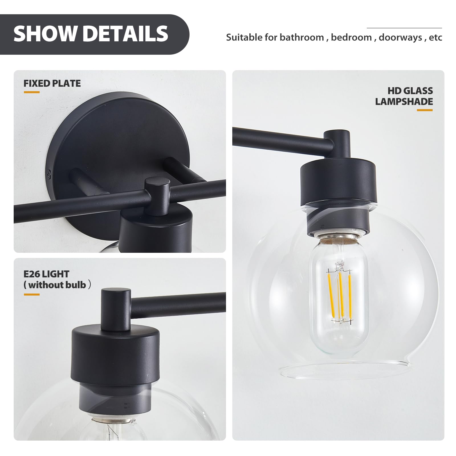 Matte Black 5-Light Bathroom Vanity Light with Globe Glass Shade & Metal Base - Modern Lighting Fixture for Bathroom Mirror, Stairs, Kitchen, Hallway, and Entryway