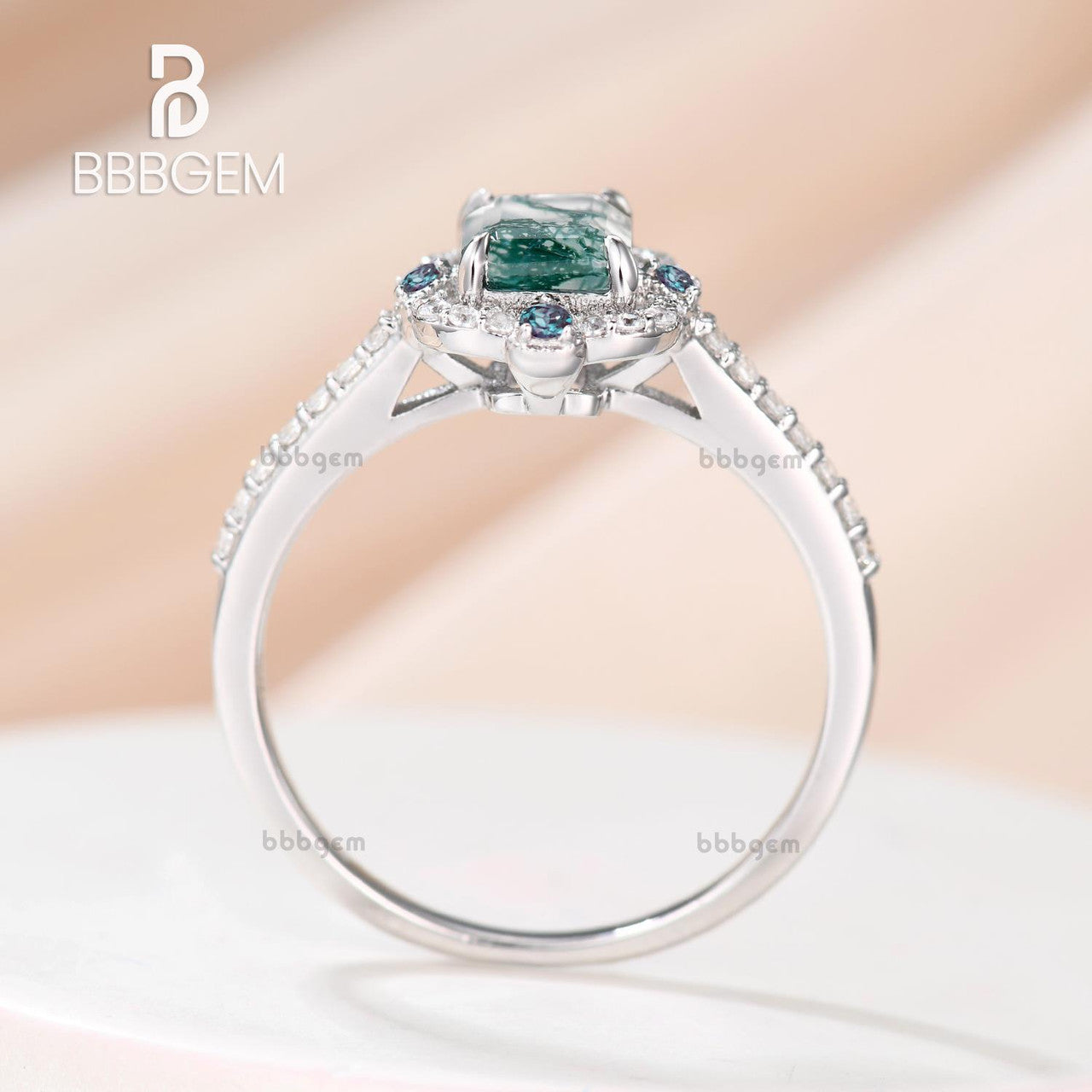 Vintage Emerald Step Cut Moss Agate White Gold Engagement Ring with 4 Alexandrite Accents - Symmetrical Wedding Band for Women, Bridal Jewelry, Anniversary Gift, Proposal Ring for Her