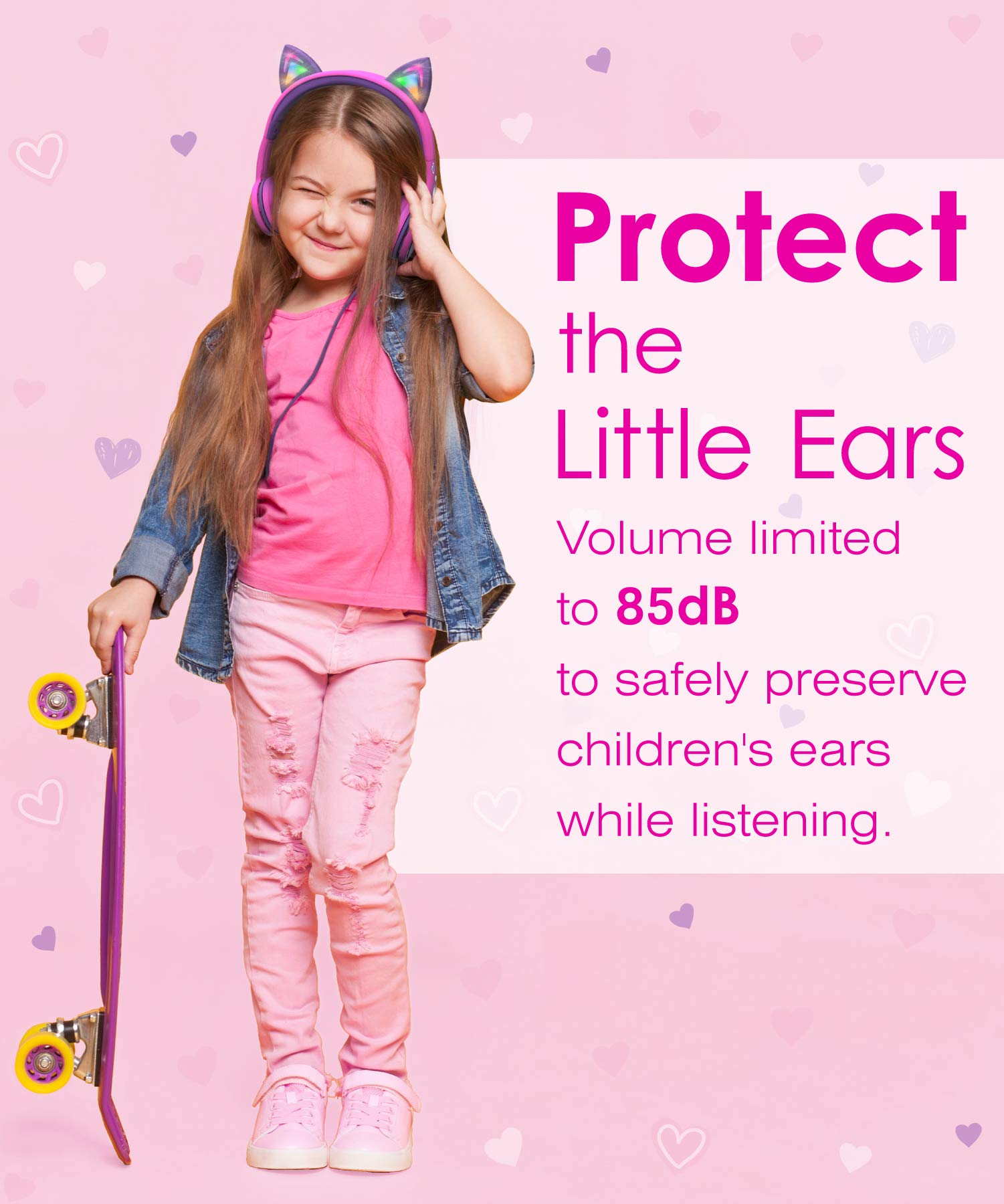 FosPower Kids Headphones with LED Cat Ears - 85dB Safe Volume Limit, 3.5mm Wired On-Ear Headphones with Tangle-Free Cable for iPad, Tablet, School & Travel (Hot Pink/Purple) - Perfect for Online Learning, Airplane Rides & Home Entertainment
