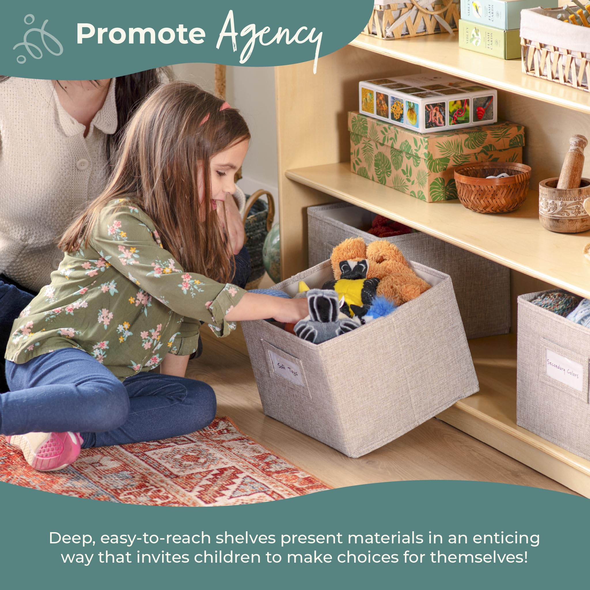 Guidecraft EdQ Three Shelf Open Storage Unit with 3 Fabric Bins - Natural Wood Kids Bookcase & Toy Organizer for Homeschool, Classroom, Playroom & Bedroom Storage Solutions
