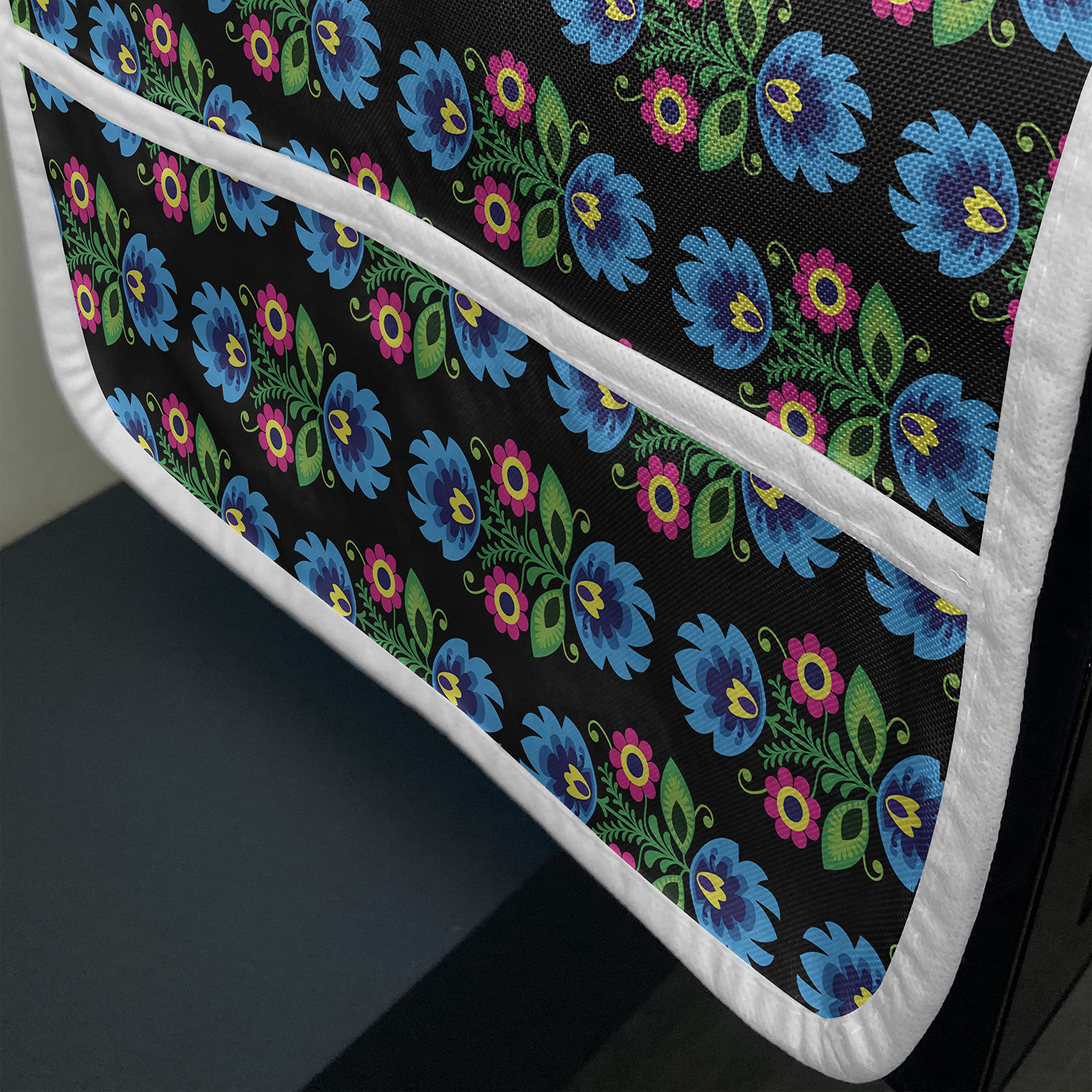 Ambesonne Folk Art Microwave Cover - Traditional Polish Floral Design on Dark Background, Waterproof Kitchen Organizer with Pockets, 36 x 12 Inches, Black & Blue - Perfect for Protecting Appliances & Adding Cultural Decor to Your Home