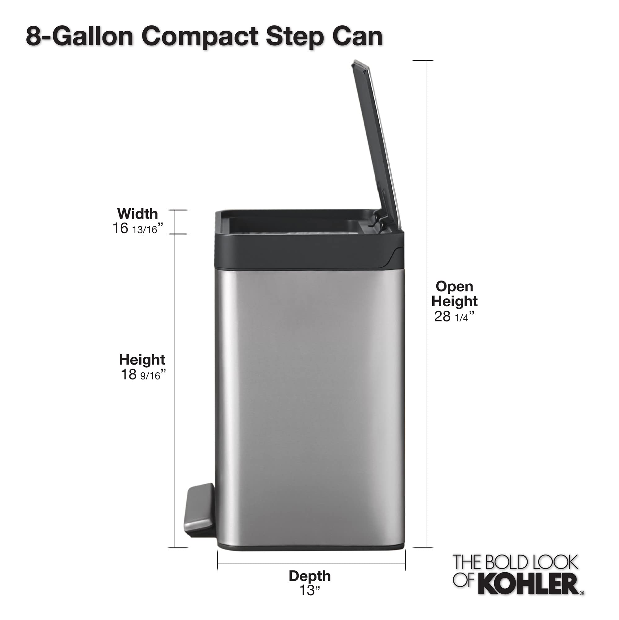 Kohler K-20942-BST 8-Gallon Compact Black Stainless Steel Step Trash Can - Sleek Kitchen & Office Waste Bin for Modern Homes