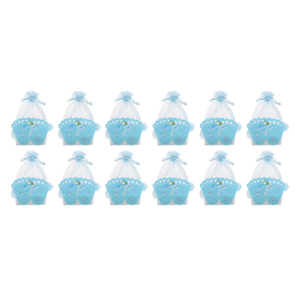 MonkeyJack 12-Piece Baby Footprint Keepsake Gift Box Set - Blue Organza Favor Bags for Baby Showers, Gender Reveals & Birthday Parties - Perfect for Candy, Treats & Small Gifts