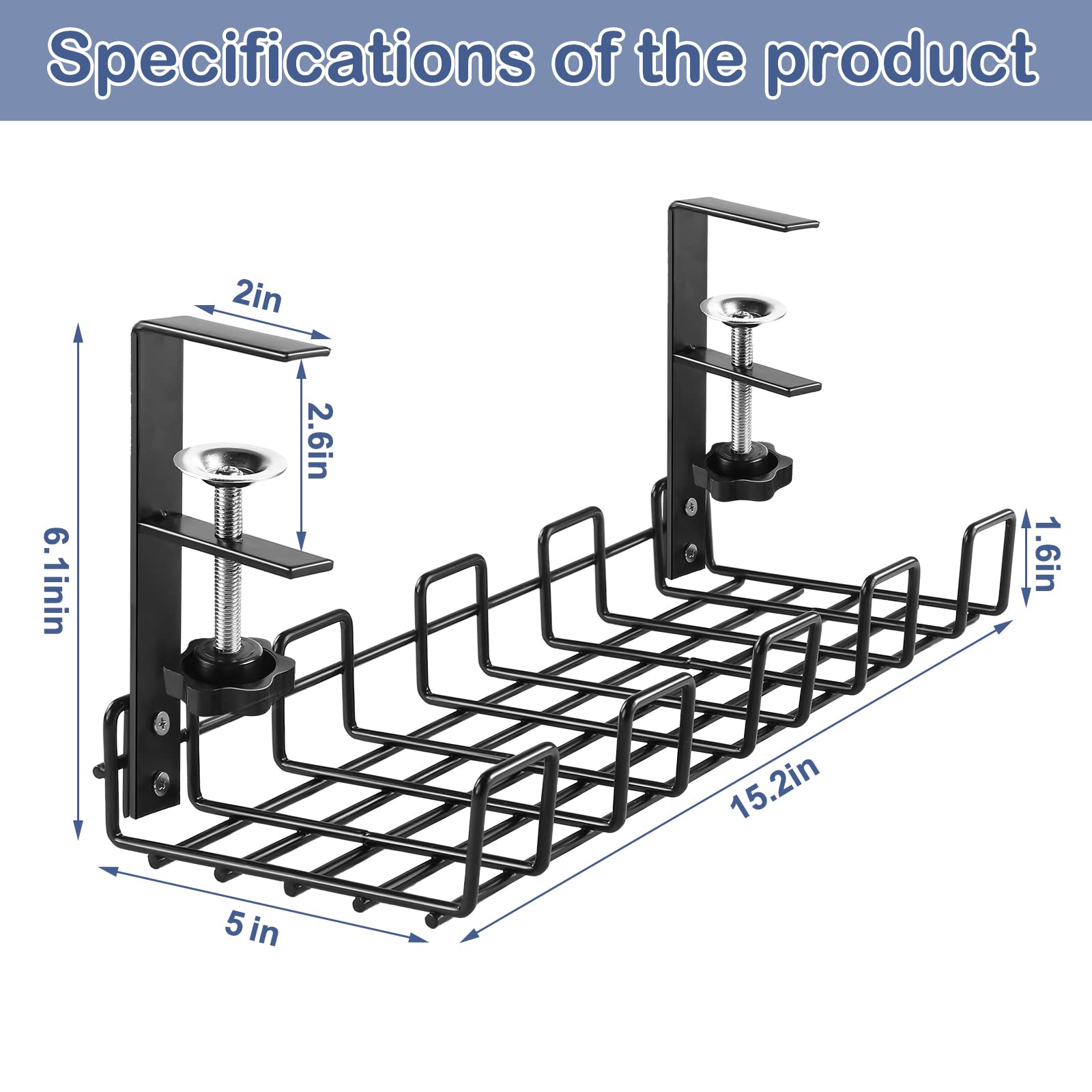 Under Desk Cable Management Tray - 2 Pack No Drill Wire Organizer with Adjustable Clamp, Removable Cord Holder for Office & Home Workspace - Perfect for Computer, Monitor & TV Cable Organization