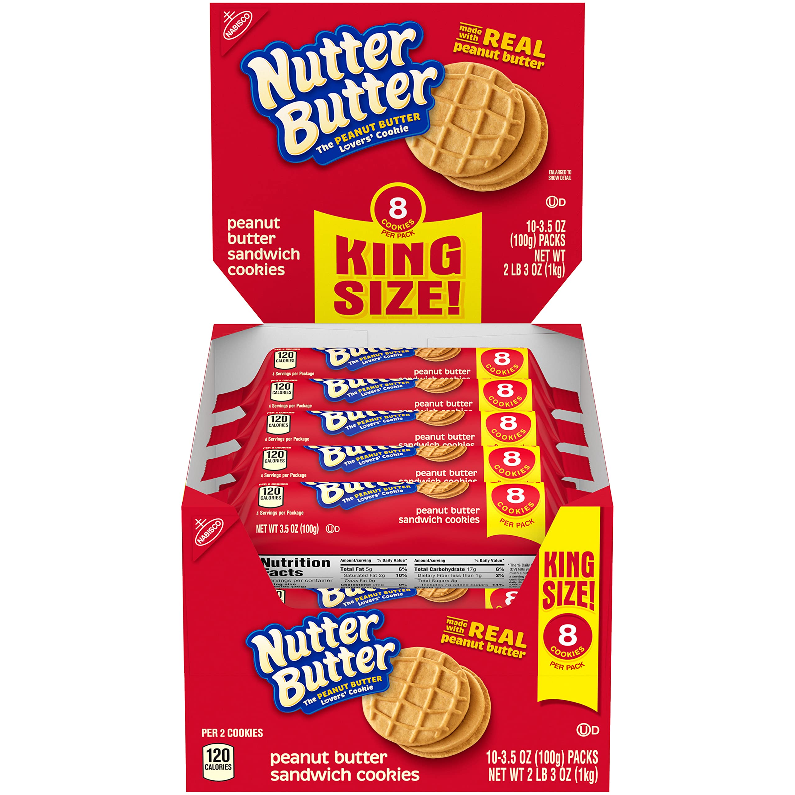 Nutter Butter Peanut Butter Sandwich Cookies - King Size (10 Pack of 3.5 oz Snack Packs) | Crunchy Peanut Butter Snacks for Lunchboxes, Office Treats & Road Trips