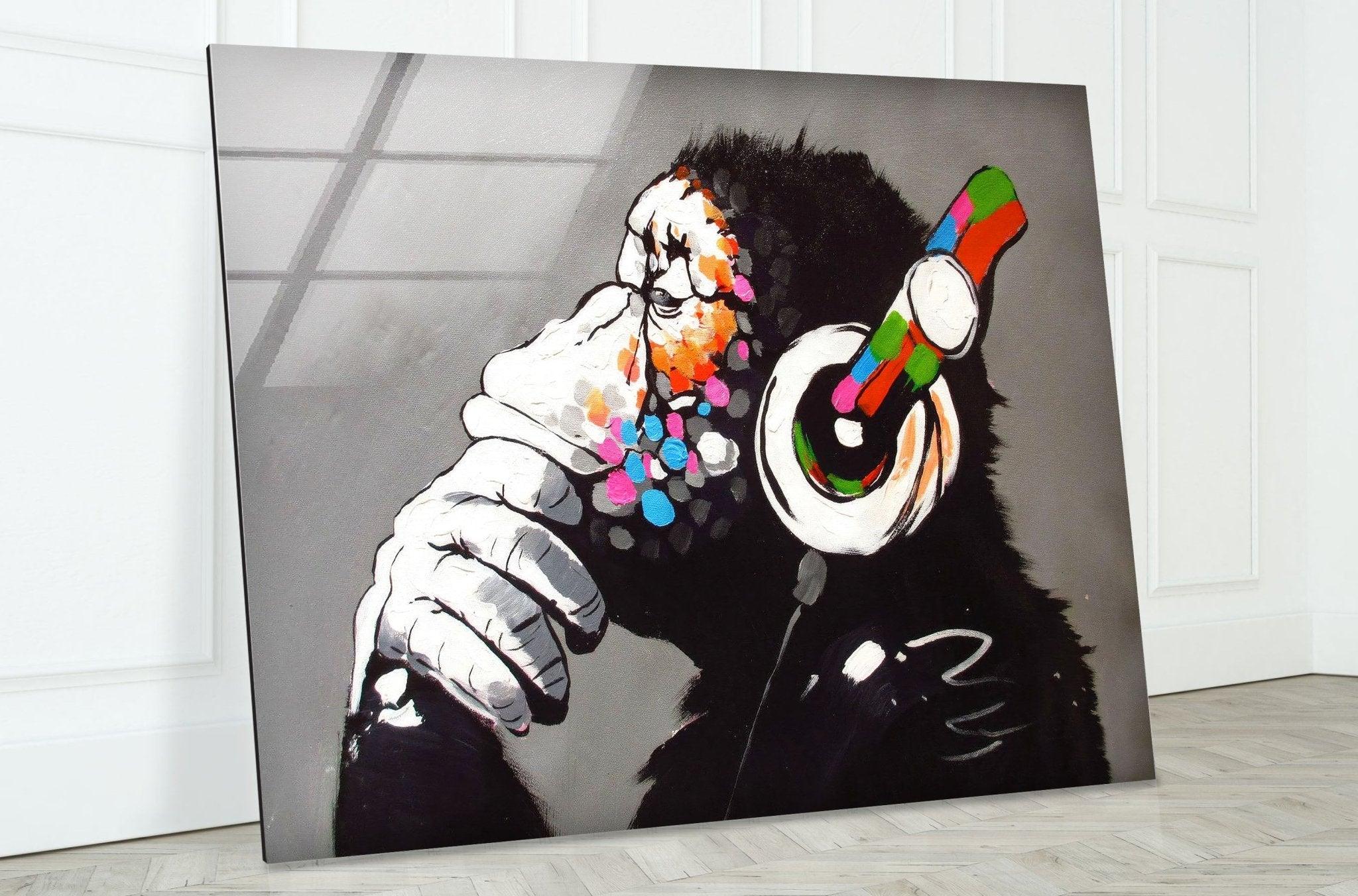 Banksy DJ Monkey Gorilla Thinking Glass Wall Art - Modern Canvas Print for Home & Office Decor - Perfect for Living Room, Bedroom or Studio