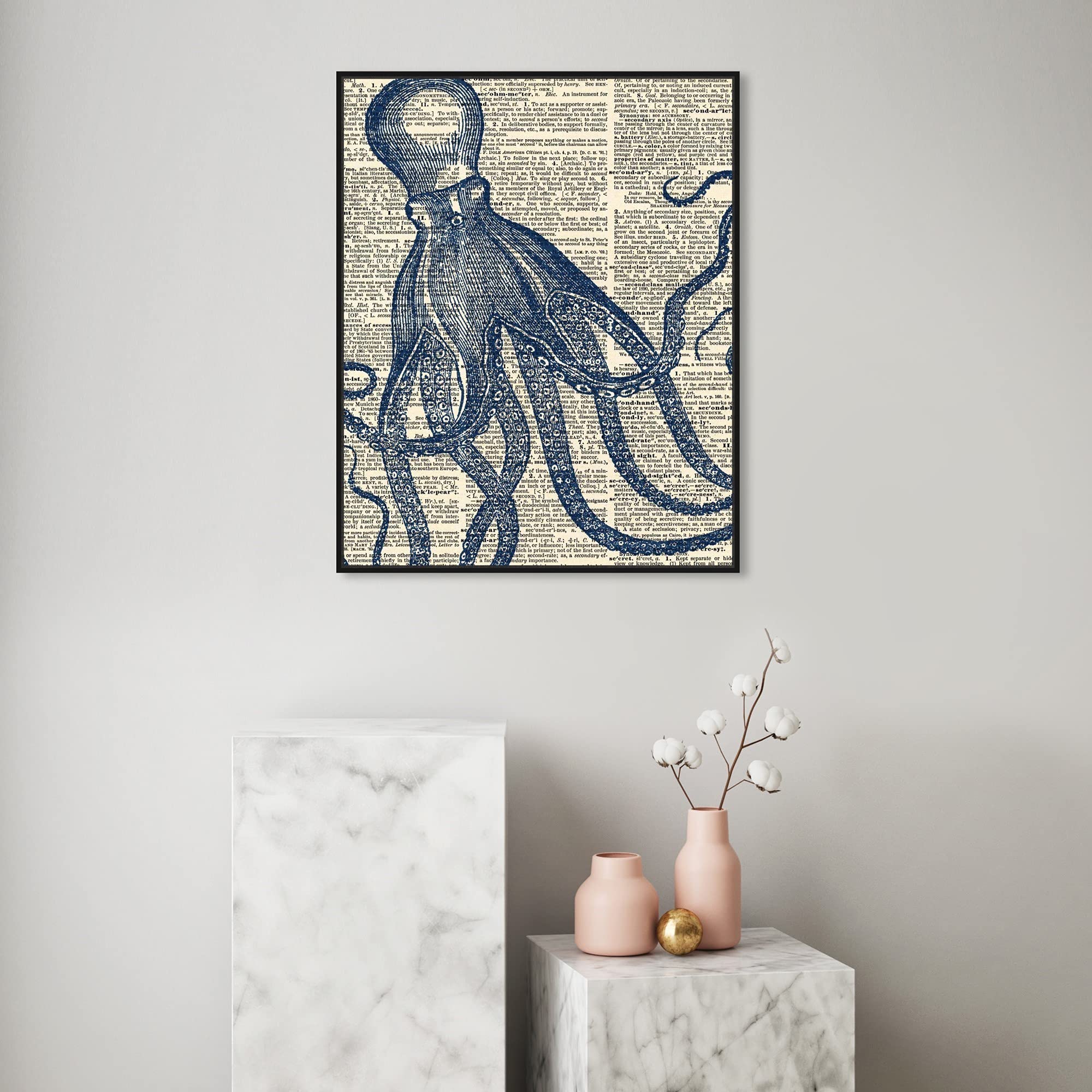 Nautical Coastal Wall Art Canvas Print - Marine Life Octopus Dictionary Home Decor - 24x30 Inches Black Floating Frame - Perfect for Beach House, Living Room & Office Decor