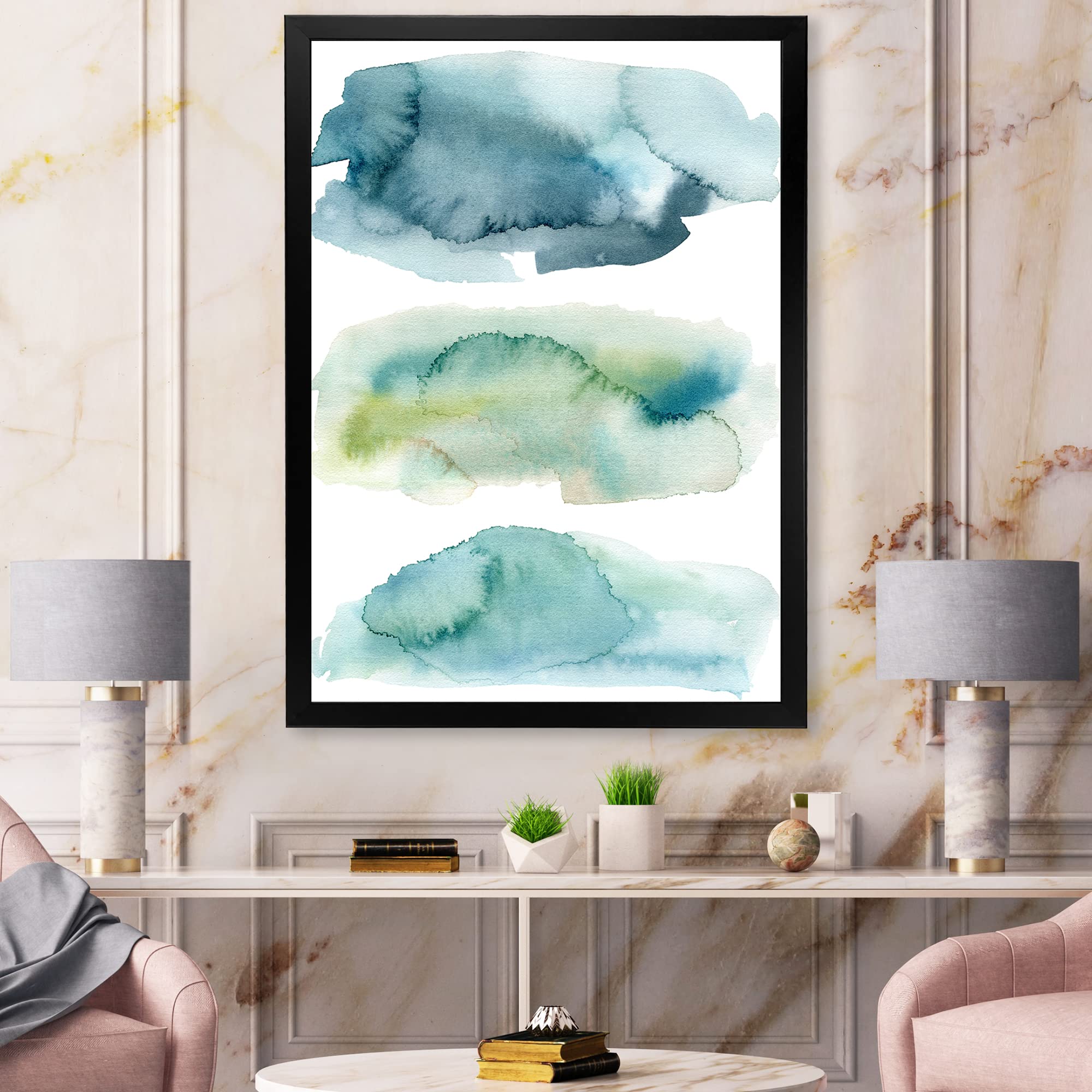 Blue and Green Clouds Modern Framed Wall Art - Contemporary Home Decor for Living Room, Bedroom & Office