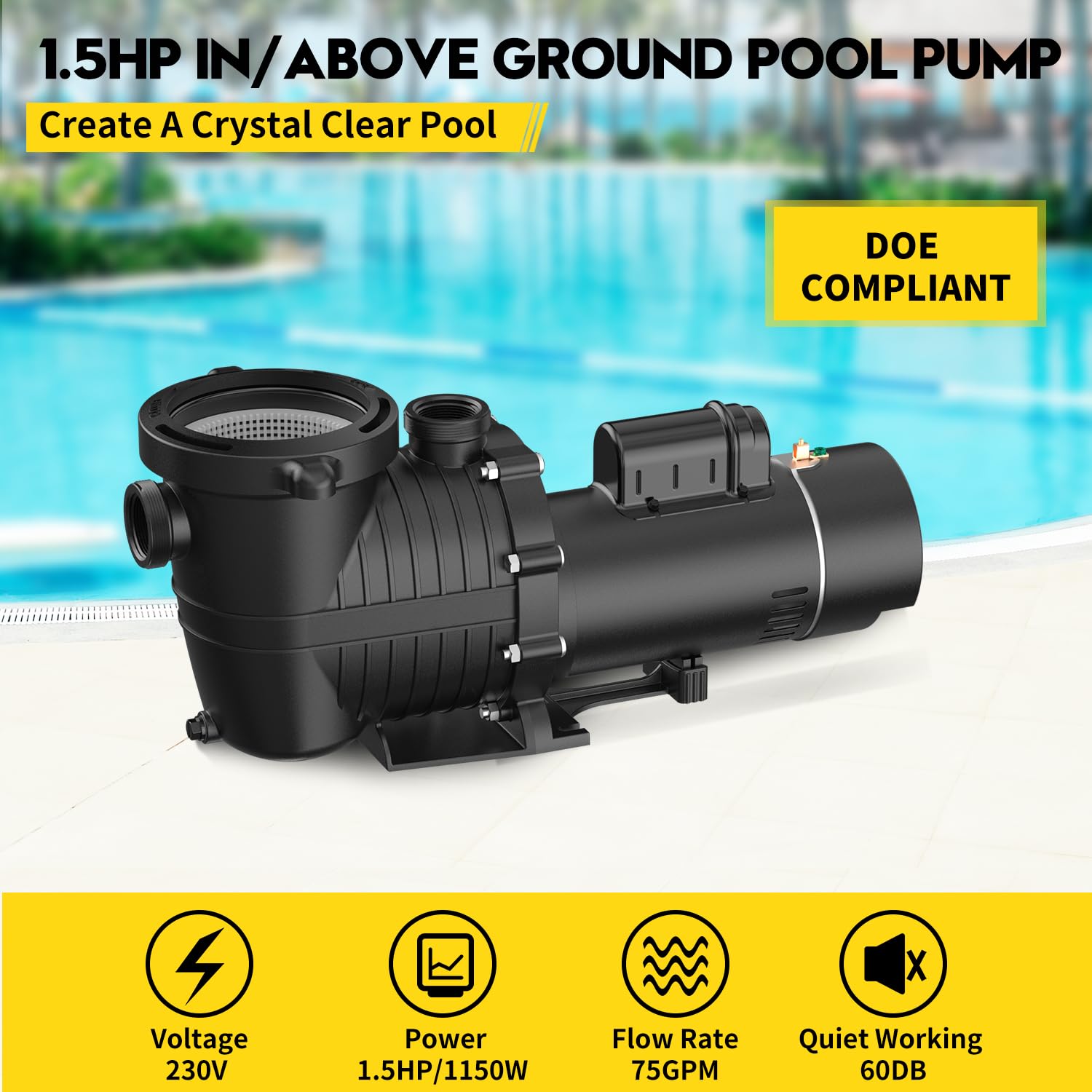 1.5HP Dual Speed Pool Pump 230V | 4680GPH Flow Rate | 43FT Head Lift | 1