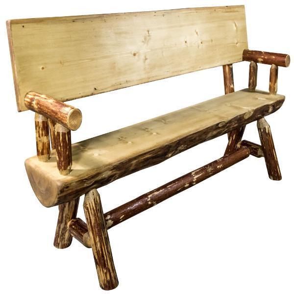 Glacier Country Half Log Bench with Back & Arms - Rustic Outdoor Wooden Seating for Garden, Patio & Backyard Relaxation