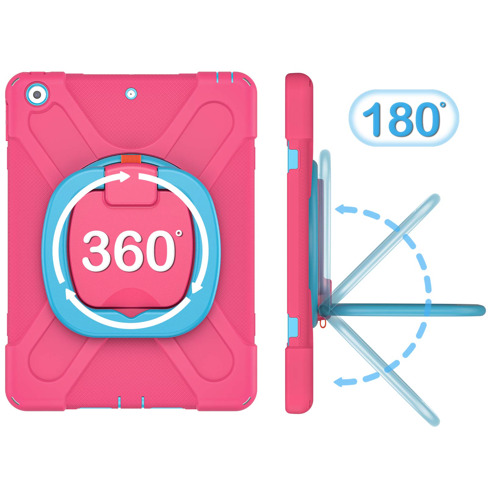 Heavy Duty Shockproof iPad Case with Pencil Holder & Shoulder Strap - Compatible with iPad 9th/8th/7th Gen 10.2 Inch (2021/2020/2019 Models) - Ring Shield Series in Pink & Light Blue - Perfect for School, Work & Travel Protection