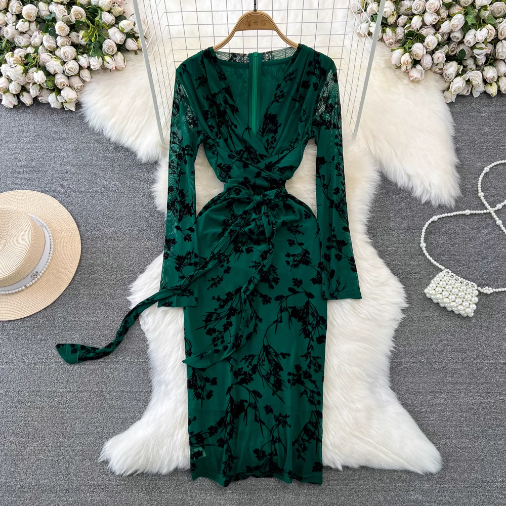 Elegant Long Sleeve V-Neck Tie Waist A-Line Mesh Printed Dress for Women - Perfect for Cocktail Parties, Date Nights & Formal Occasions
