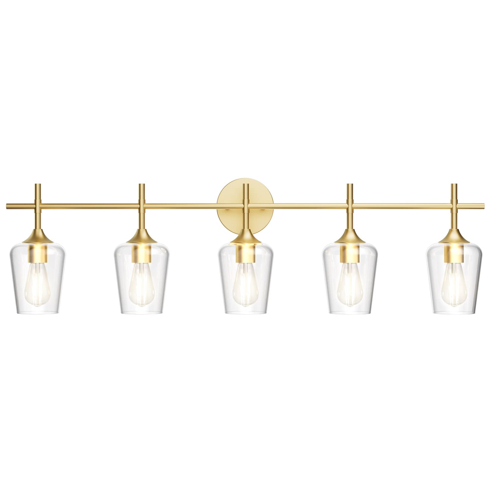 Vintage Gold Bathroom Light Fixture - 5-Light Industrial Vanity Lighting with Clear Glass Shades & Gold Finish - Farmhouse Style Mirror Lights for Bathroom, Powder Room & Dressing Area