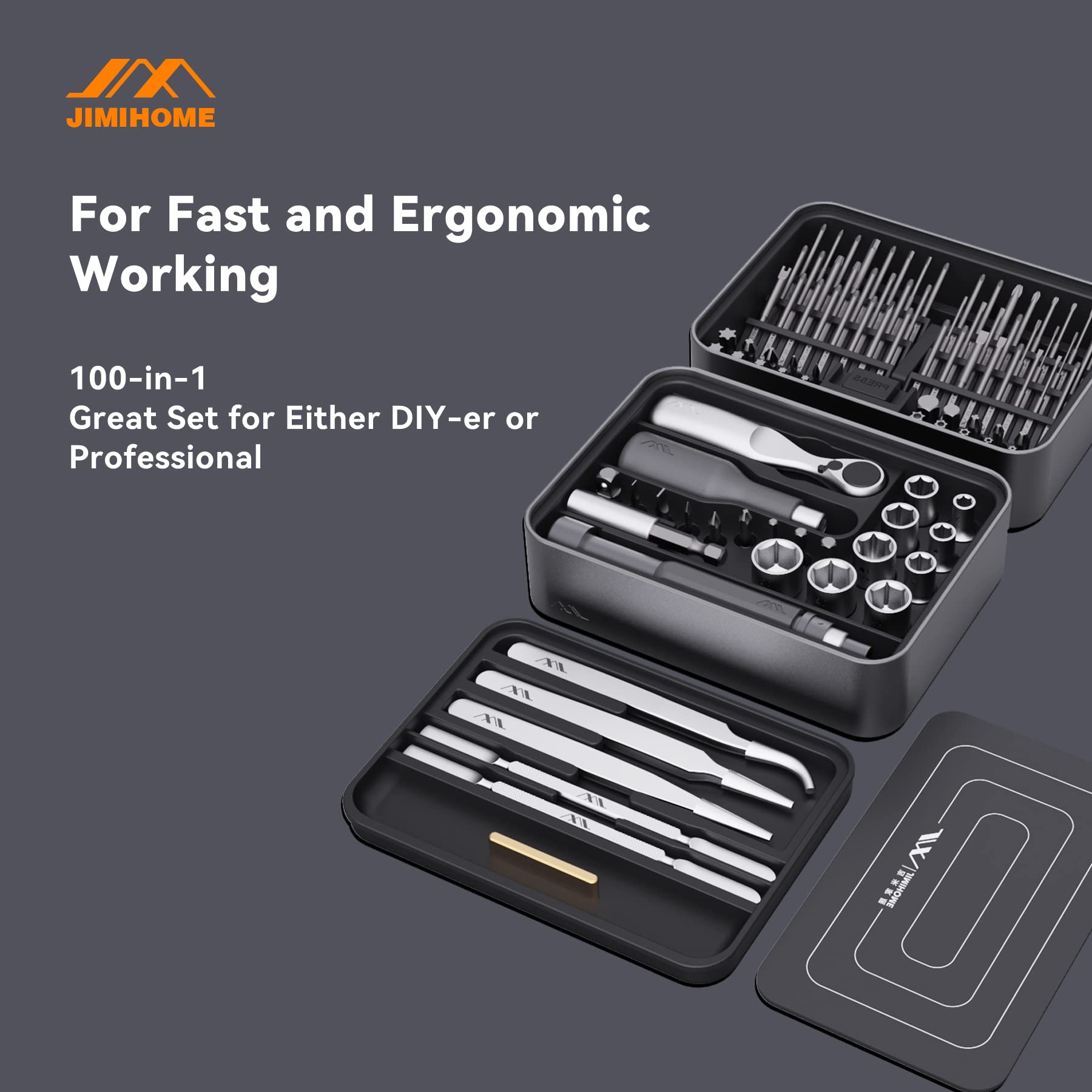JIMIHOME 100-Piece Magnetic Precision Screwdriver Set with Ratchet & Tweezers - Professional Electronics Repair Kit for PC, Laptop, Tablet, Phone & Household Use - Compact Mini Tool Station with 100 Bits