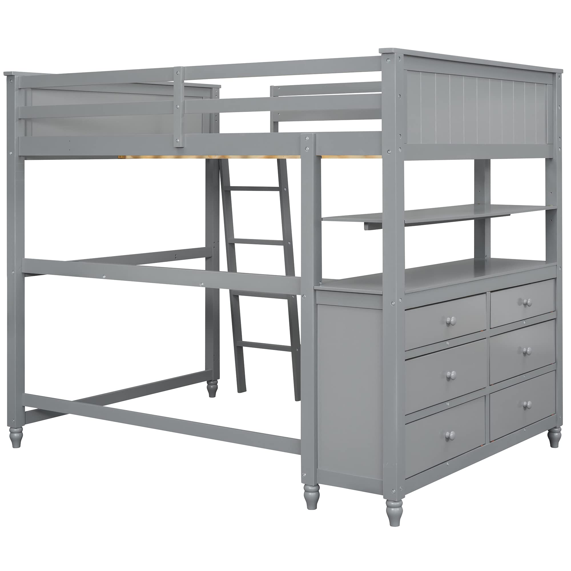 Full Loft Bed with Desk & Storage - Wooden Loft Bed with Drawers & Shelves for Kids, Teens & Adults - Space-Saving Gray Bedroom Furniture for Small Rooms & Dorm Rooms