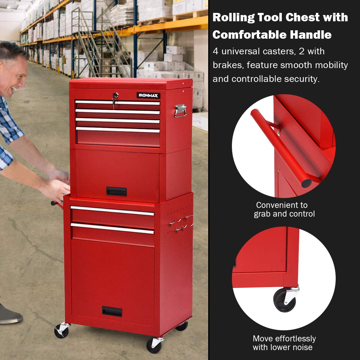 Goplus 6-Drawer Rolling Tool Chest with Auto Locking System - 3-in-1 Tool Organizer with Lockable Wheels, Sliding Drawers & Detachable Top - Heavy Duty Tool Storage Cabinet for Garage, Workshop & DIY Projects (Red) - Perfect for Mechanics, Carpenters & Home Improvement