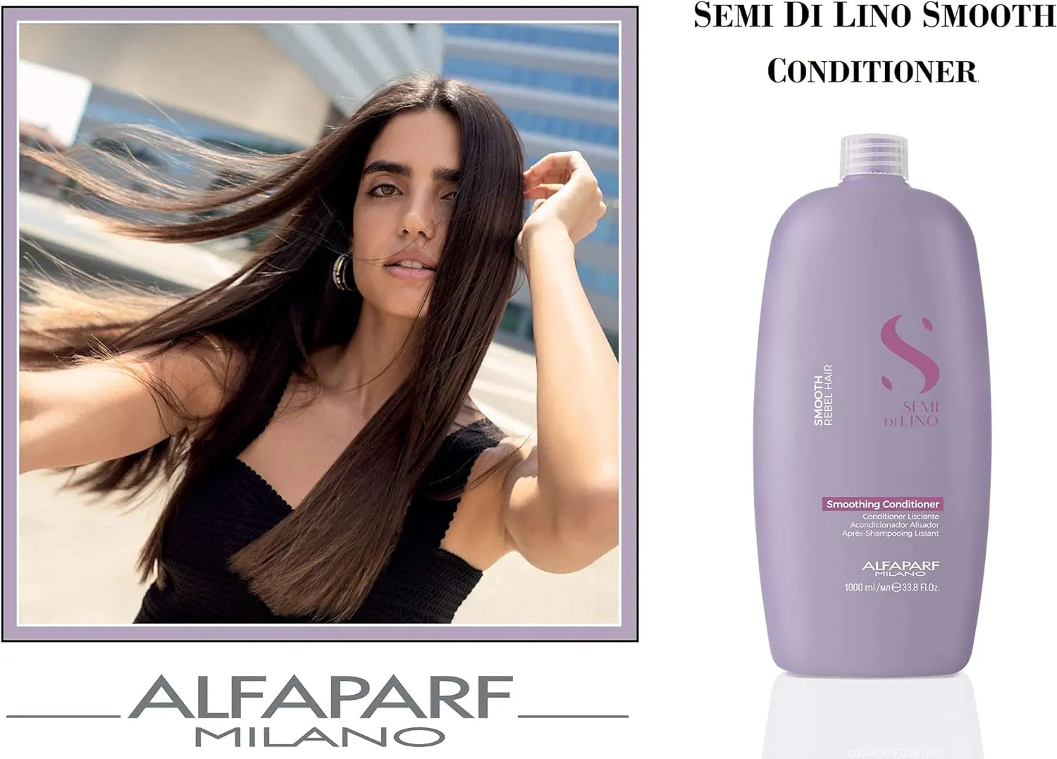 Alfaparf Milano Semi Di Lino Smooth Smoothing Low Shampoo & Conditioner Set - 1 Litre Duo for Frizz Control & Silky Hair - Perfect for Dry, Damaged & Curly Hair at Home or Salon