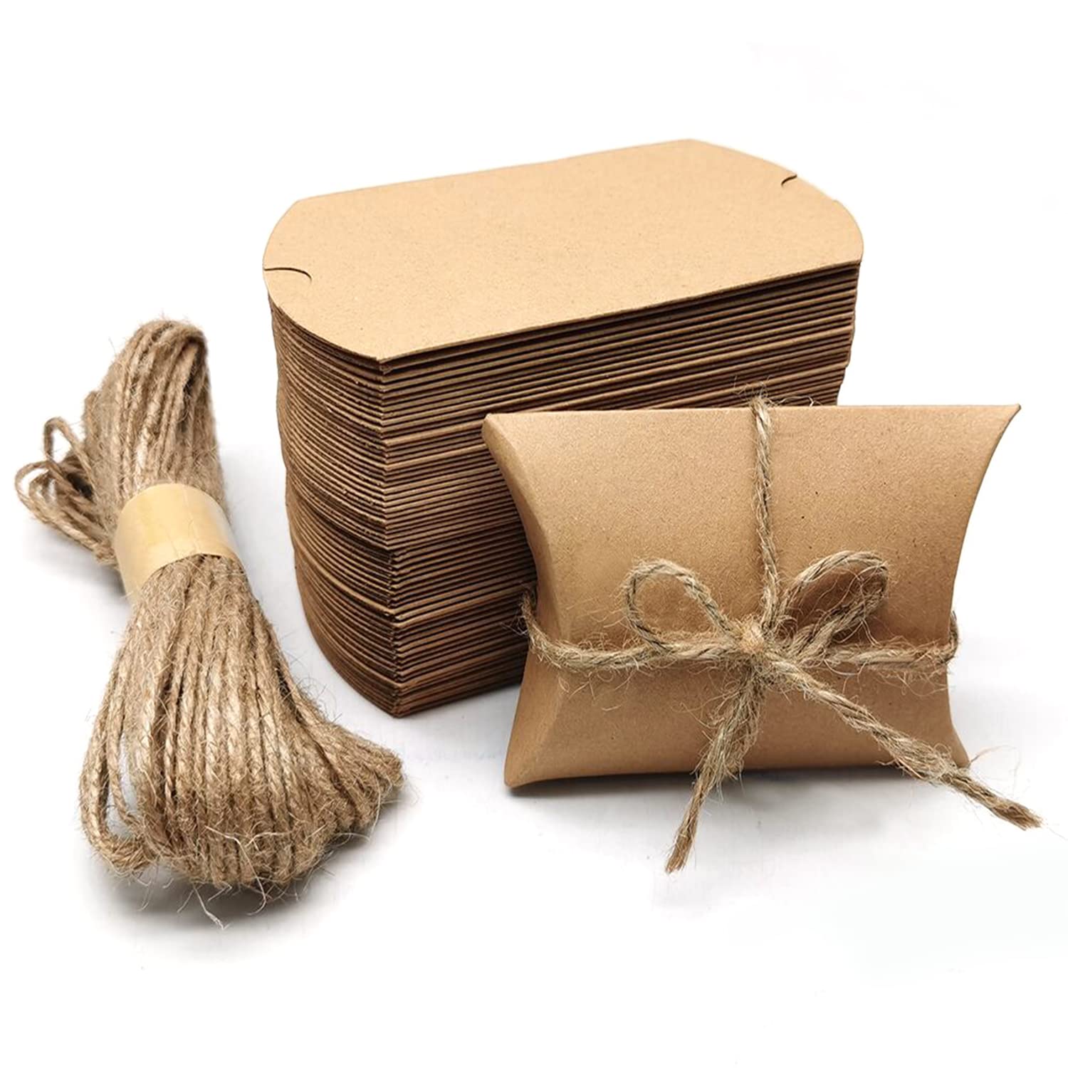 Kraft Paper Pillow Candy Boxes - 60 Pcs Foldable Gift Boxes with Jute Rope for Wedding Favors, Party Decorations, Birthday Gifts & Holiday Treats | Perfect for Candy, Chocolate, Small Gifts & DIY Craft Projects
