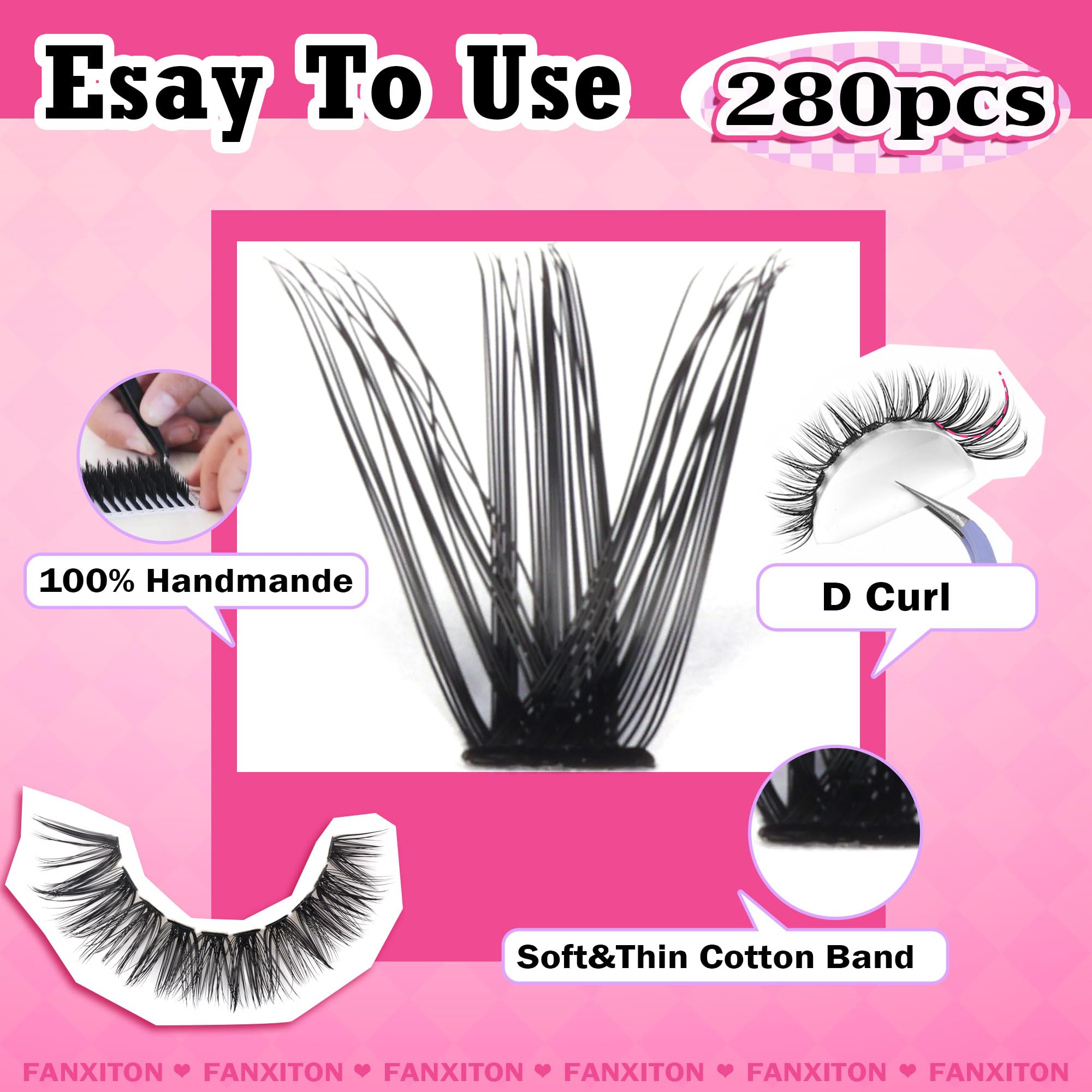 FANXITON DIY Lash Extension Kit - 280pcs Volume Eyelash Clusters (40D+50D D Curl) with Thin Band, Bond, Seal & Tweezers for Professional Salon-Like Results at Home - Perfect for Parties, Weddings & Special Occasions