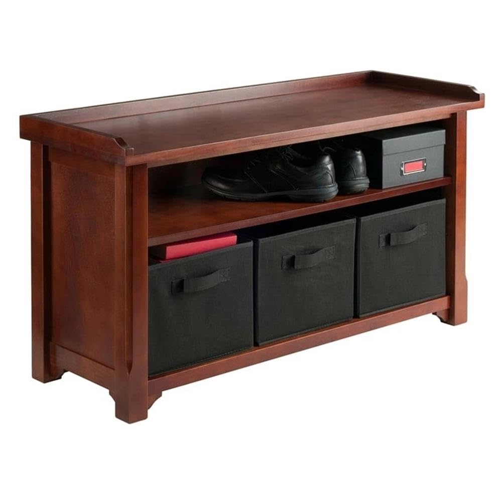 Pemberly Row Solid Wood Storage Bench with 3 Foldable Baskets - Walnut/Black - Entryway, Living Room, Bedroom Organizer - Perfect for Shoes, Blankets & Toys Storage