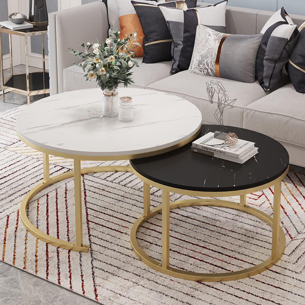Modern Round Nesting Coffee Table Set of 2 - Faux Marble & Wooden Top in White & Black - Perfect for Living Room, Balcony, Office, or as Side Cocktail Tables - Space-Saving & Stylish Home Decor