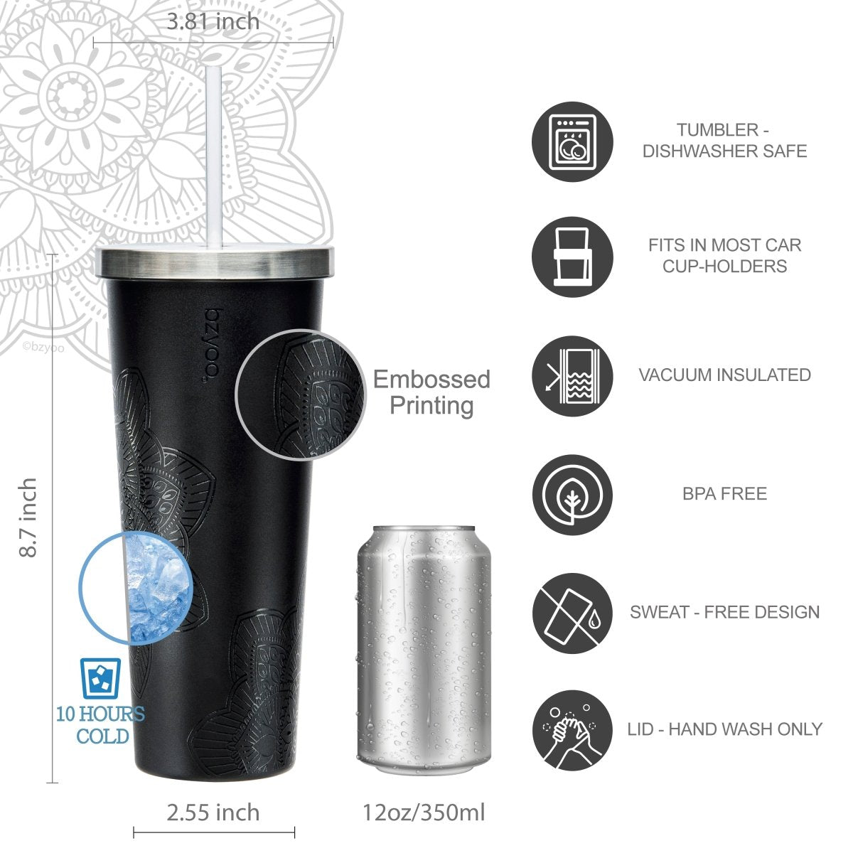 24oz Double Wall Vacuum Insulated Stainless Steel Tumbler with Straw Lid - La La Mandala Black Design | Leakproof Travel Mug for Coffee, Tea & Cold Drinks | Perfect for Office, Gym & Outdoor Activities