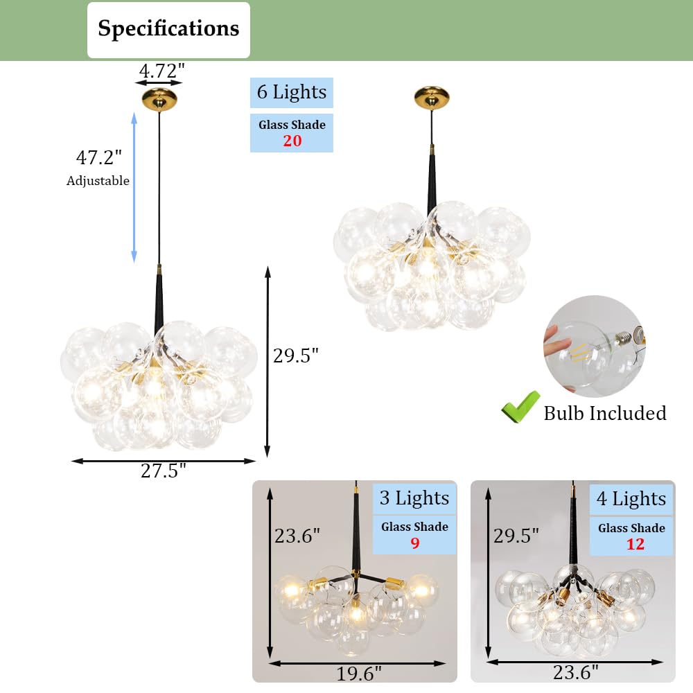 Modern Glass Globe Chandelier - Bubble Ball Pendant Light Fixture with 3 Lights for Bedroom, Living Room, Dining Room & Entrance | Elegant Ceiling Lighting for Home Decor