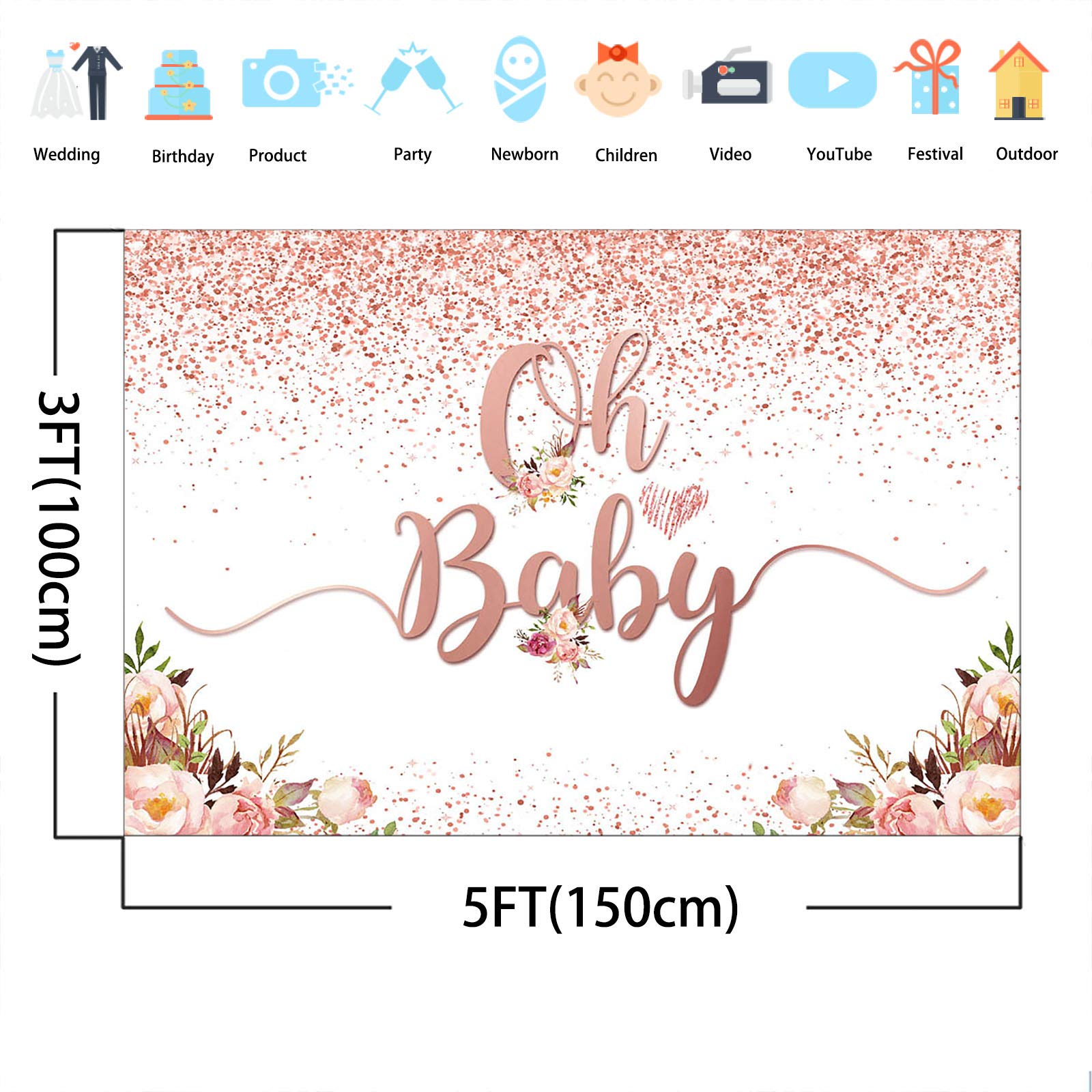 Rose Gold Baby Shower Backdrop - Oh Baby Floral Vinyl Glitter Background with Gold Dots (5x3 ft) for Girls' Baby Shower Decorations, Gender Reveal Parties & Nursery Wall Decor