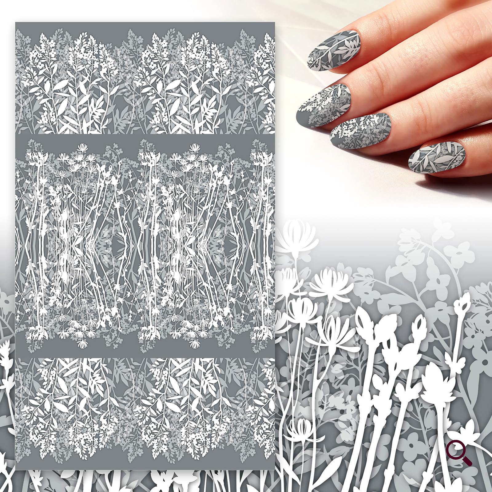 FLONZNAIL Vintage Floral Nail Stickers Decals - 5 Sheets, Gray Paper Grass Design for DIY Nail Art - Perfect for Parties, Weddings, and Special Occasions