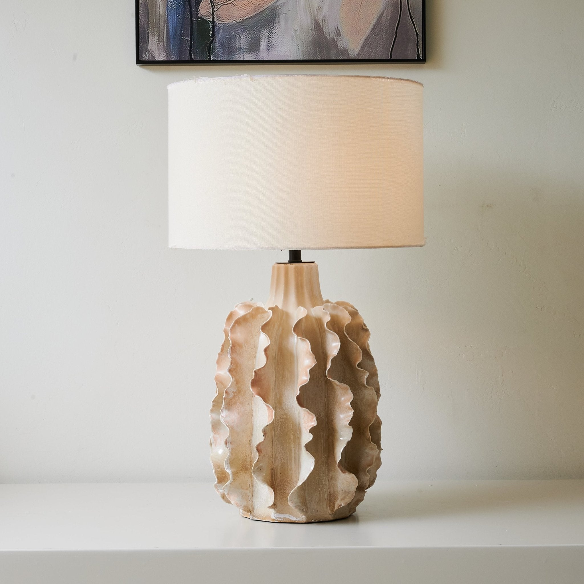 Handmade Rippled Clay Table Lamp - Modern Ceramic Bedside Light for Living Room, Bedroom & Office Decor