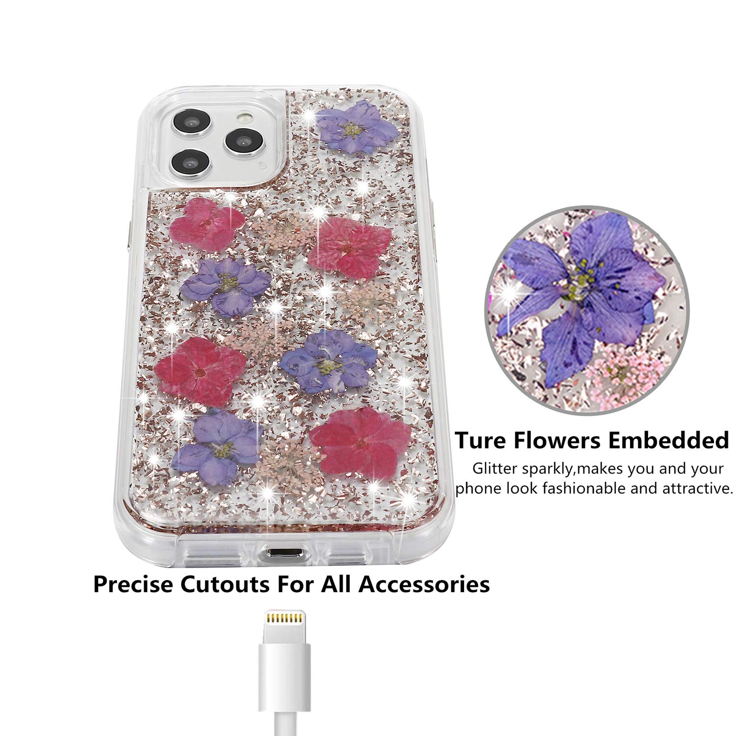 Luxury iPhone 12 Pro Max Case with Floral Glitter Design - 6.7