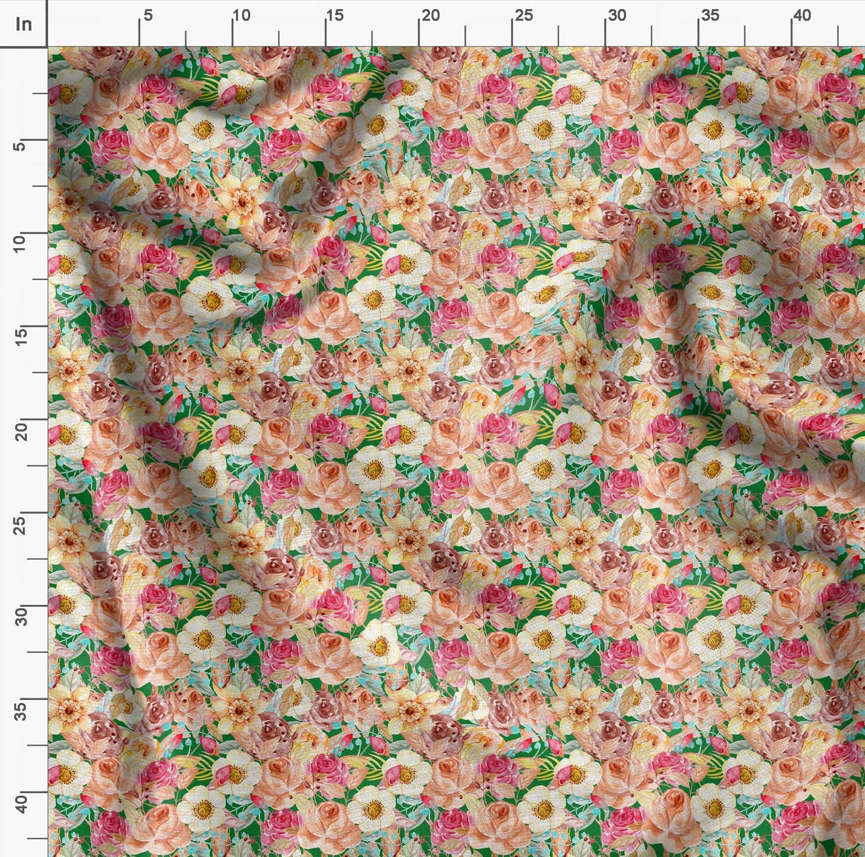 Soimoi Moss Green Georgette Fabric by The Yard - 42 Inch Wide Floral Printed Textile with Anemone & Roses Botanical Design for DIY Crafts, Dresses, Curtains & Home Decor