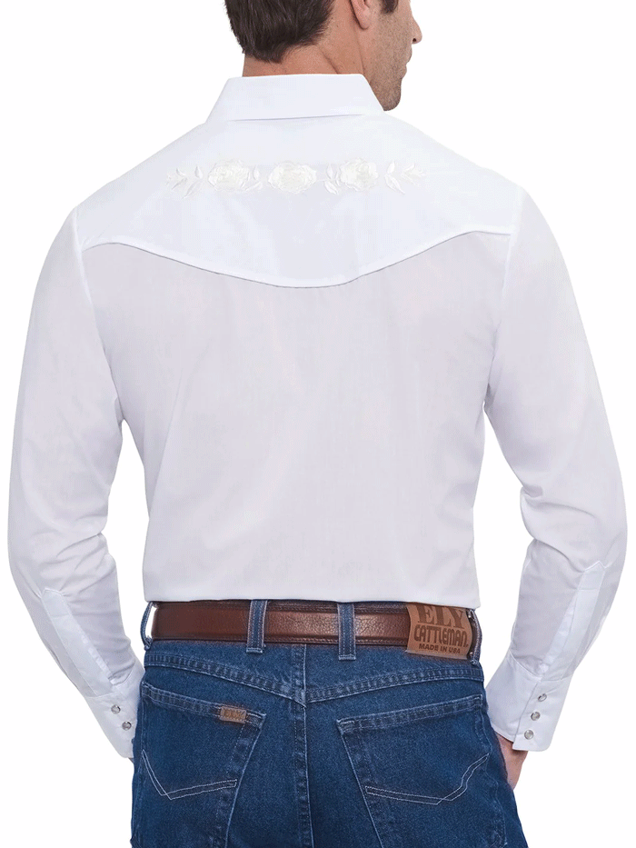 Ely Cattleman Men's Western Shirt with Rose Embroidery - Long Sleeve Cowboy Shirt in White for Rodeo, Country Music Festivals & Western Fashion