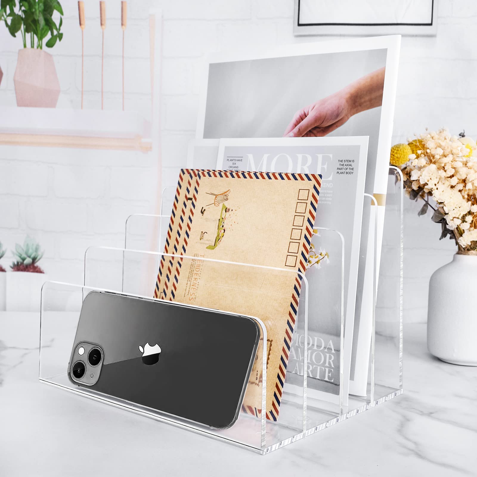 4-Section Clear Acrylic File Organizer - Sturdy Desk Accessory for Mail, Letters & Documents | Perfect Office Supply for Paper, Notebook & Electronics Storage | Ideal for Home Office, Workstation & Study Desk Organization