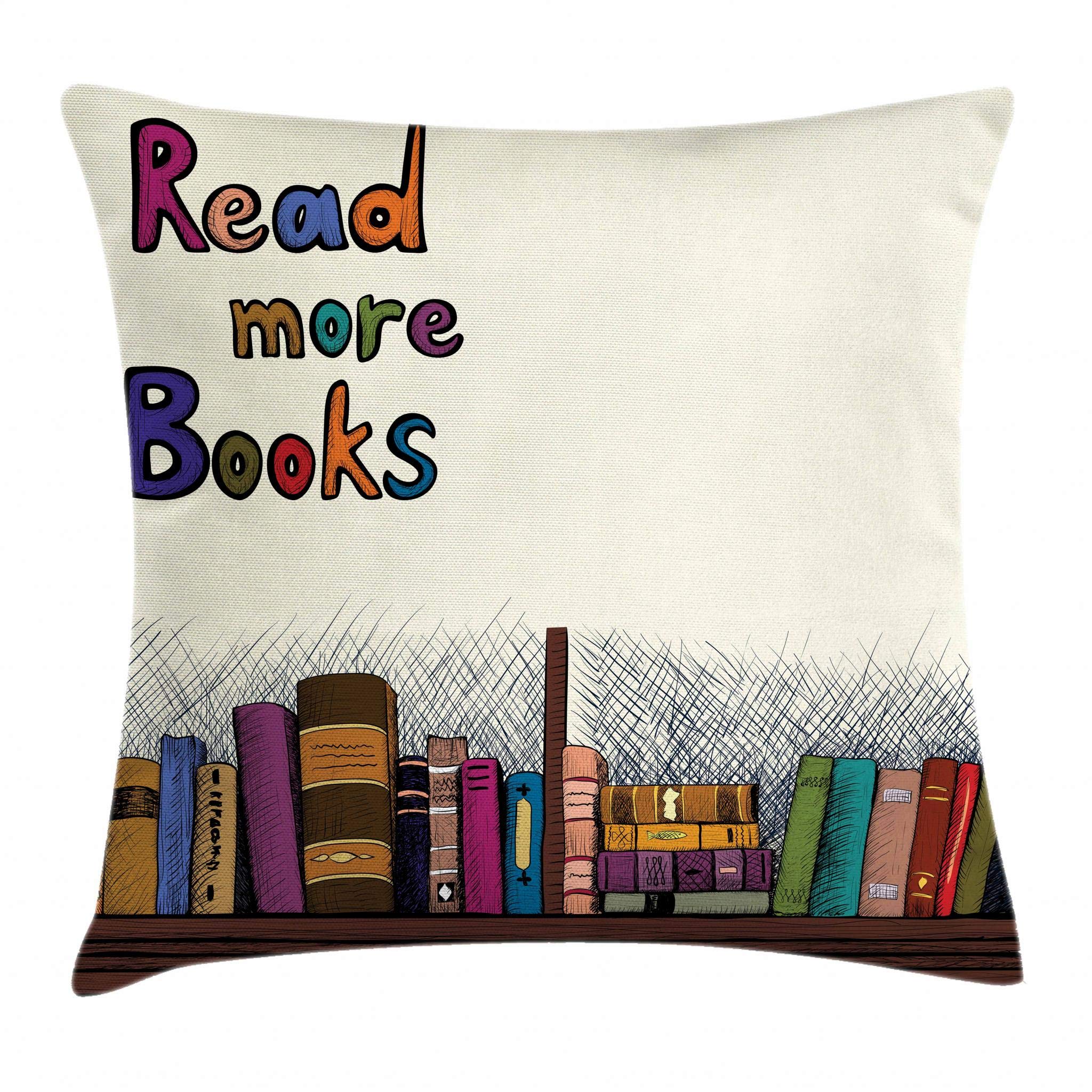 Ambesonne Book Lover Throw Pillow Cover 40x40 Inches - Read More Books Quote Print on Sketch Background with Colorful Bookshelf Design - Off White & Brown Square Decorative Cushion Case for Living Room, Bedroom, Reading Nook