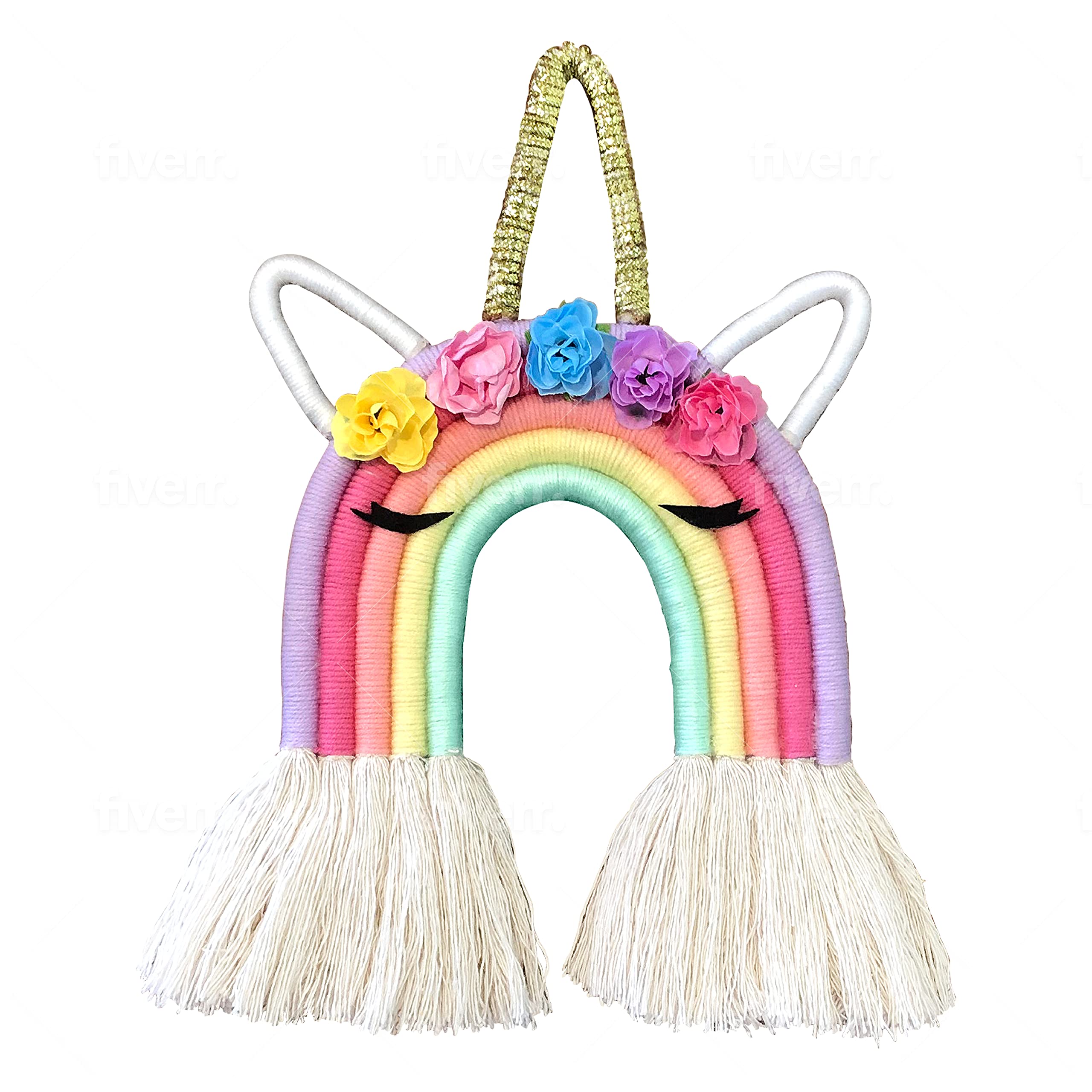Handmade Macrame Rainbow Unicorn Wall Hanging - 12x10 Inch Boho Wall Art Decor for Nursery, Kids Room & Bedroom - Unique Rainbow Unicorn Tapestry for Hippie Home Decor